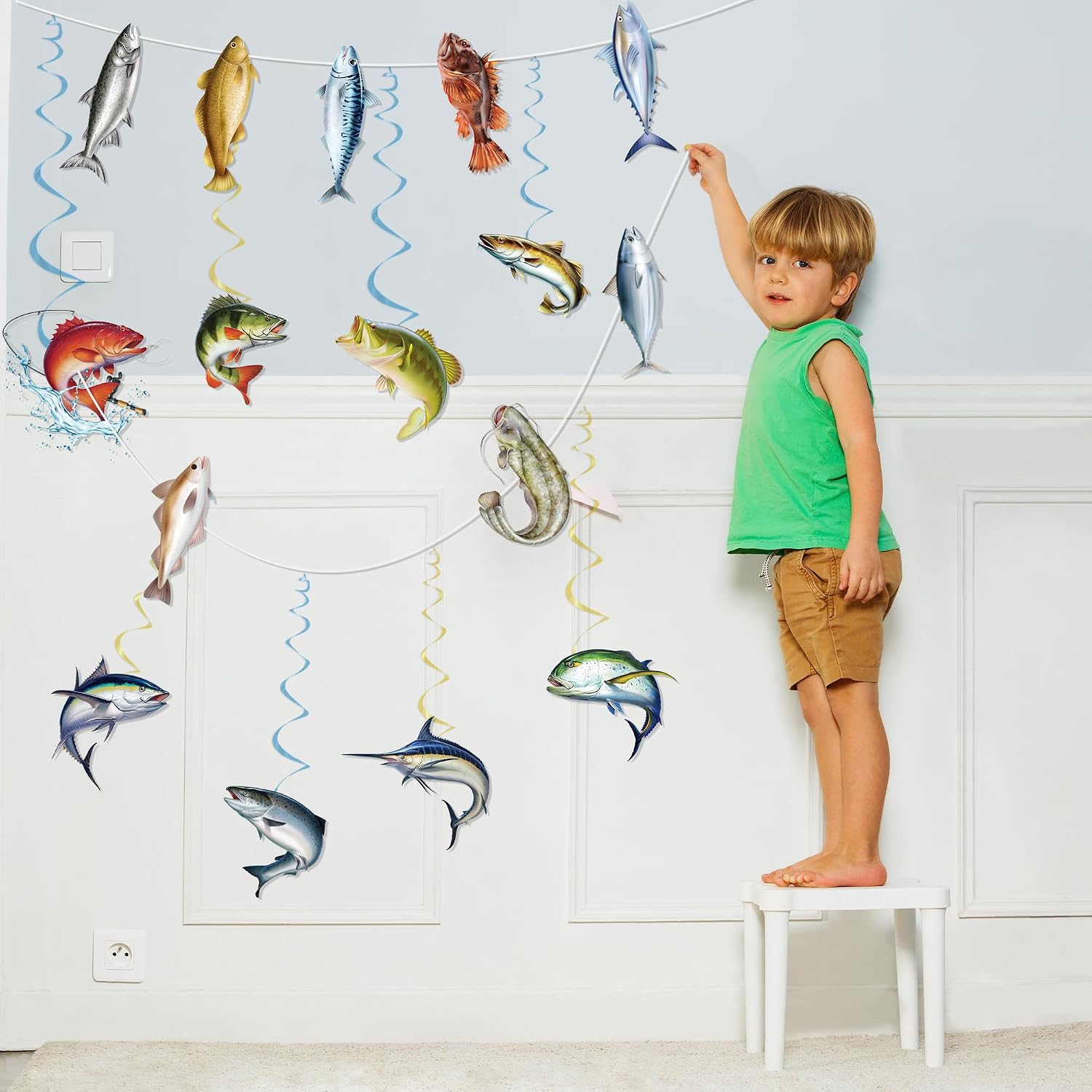 Fishing Birthday Party Decorations Include Happy Birthday Fishing Banner and Hanging Swirl Fish Theme Party Supplies