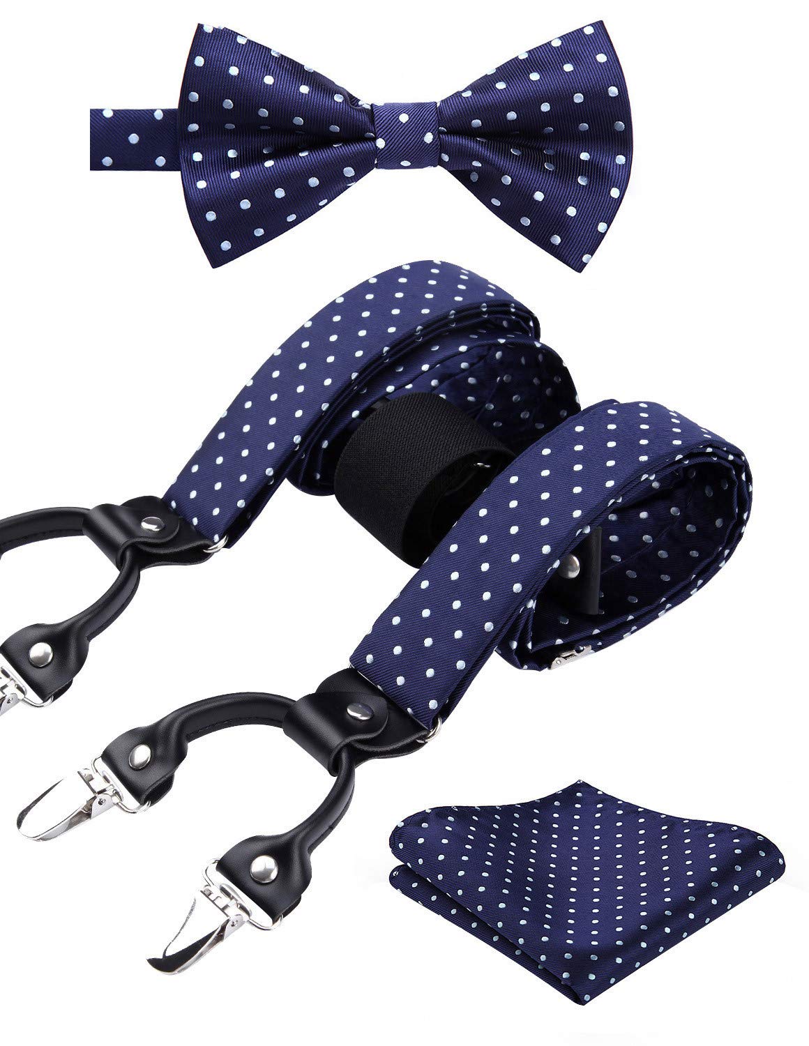 Dot 6 Clips Suspenders & Bow Tie and Pocket Square Set Y Shape Adjustable Braces Blue