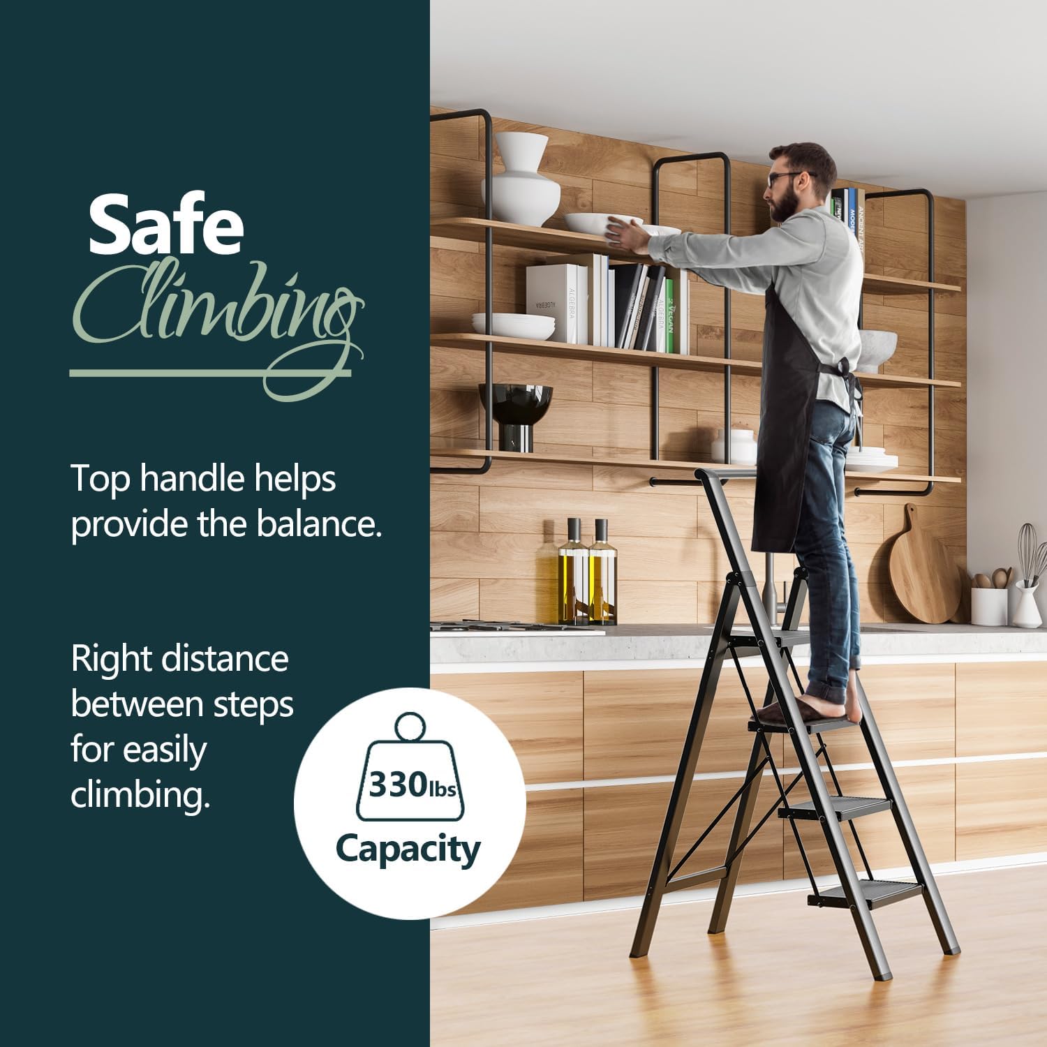 WOA WOA 4 Step Ladder for 10 Feet High Ceiling, Lightweight Foldable Ladder with Non-Slip Wide Pedals, Step Stool with Safe Handrail, Space Saving for Home, Kitchen, Indoor & Outdoor 300lbs - Black Black 4 Step