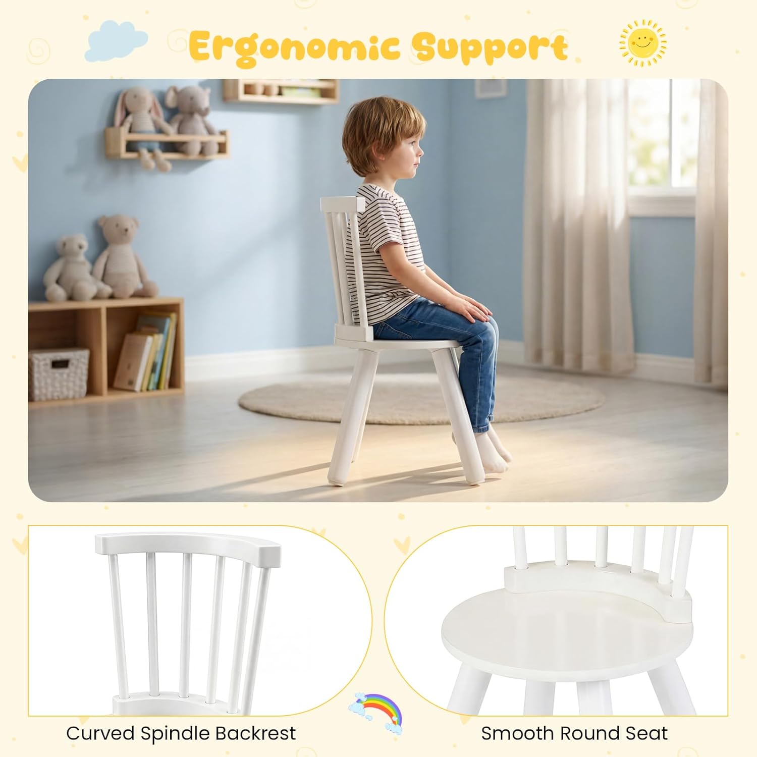 KOTEK Kids Table and Chairs, Windsor Toddler Chair with Spindle Back & Pine Wood Legs, Round Edge Design, Home/Daycare Use, Toddler Table and Chair Set for Art & Crafts, Drawing, Reading (White)