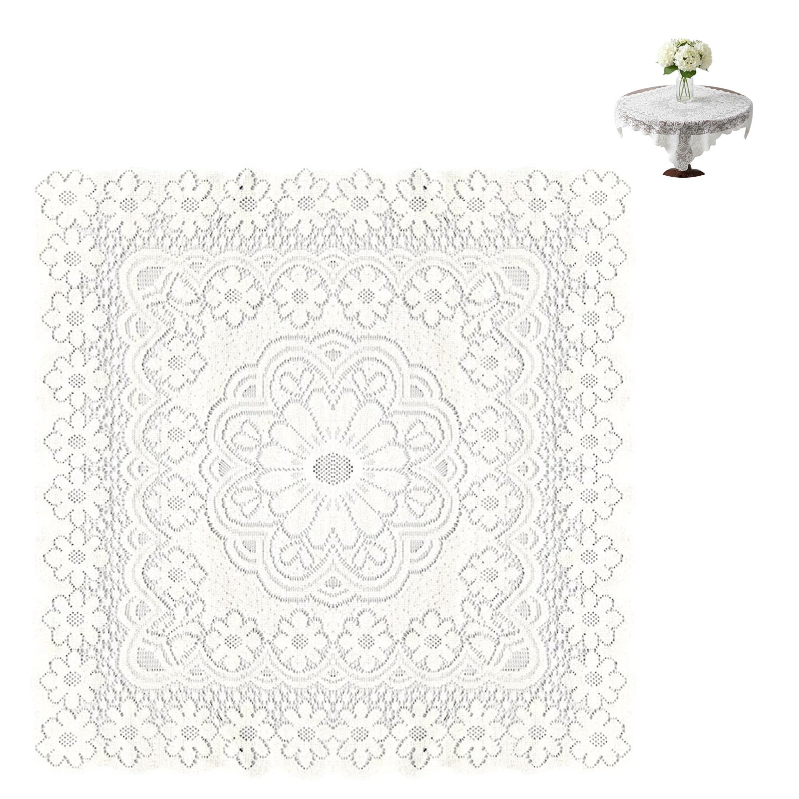 SINJAETRQ Small Square Lace Tablecloth,Small Table Cloth,35x35 Inch White Vintage Crochet Coffee Table Cover, Machine Washable Cotton Linen for Wedding Party Home Decor