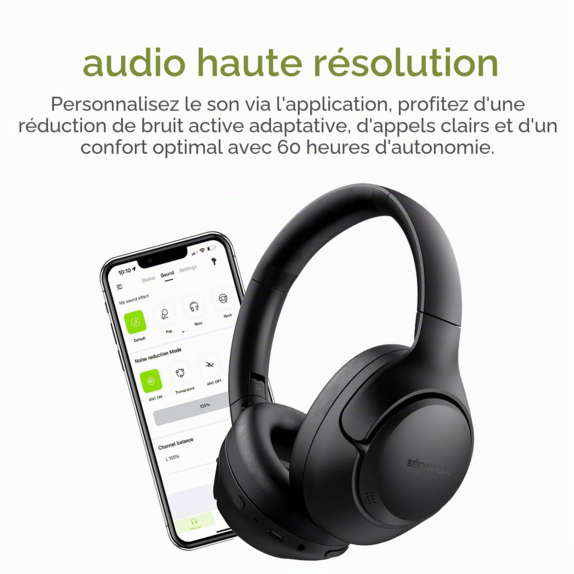 Boompods Orbit ANC Écouteurs Bluetooth sans Fil - Casque Audio avec RéDuction Active du Bruit, Autonomie 18h, Casque sans Fil avec Micro, USB-C Charging et Étui de Voyage, Noir