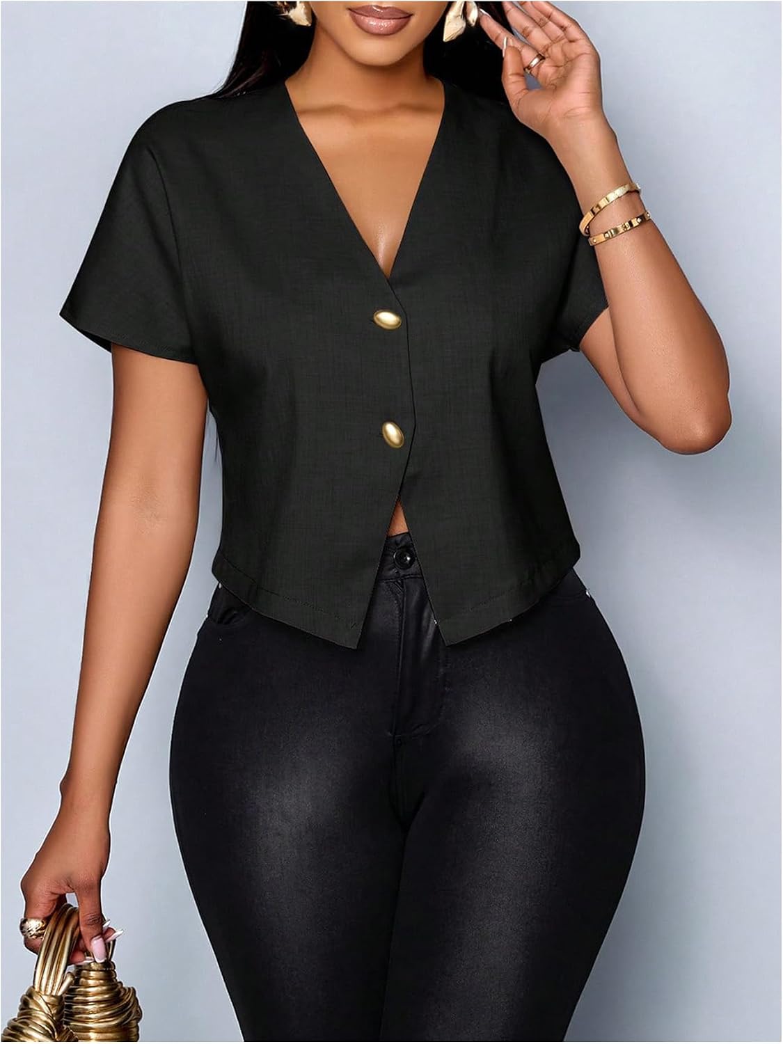 Floerns Women's V Neck Button Asymmetrical Hem Blouse Short Sleeve Elegant Shirt Tops