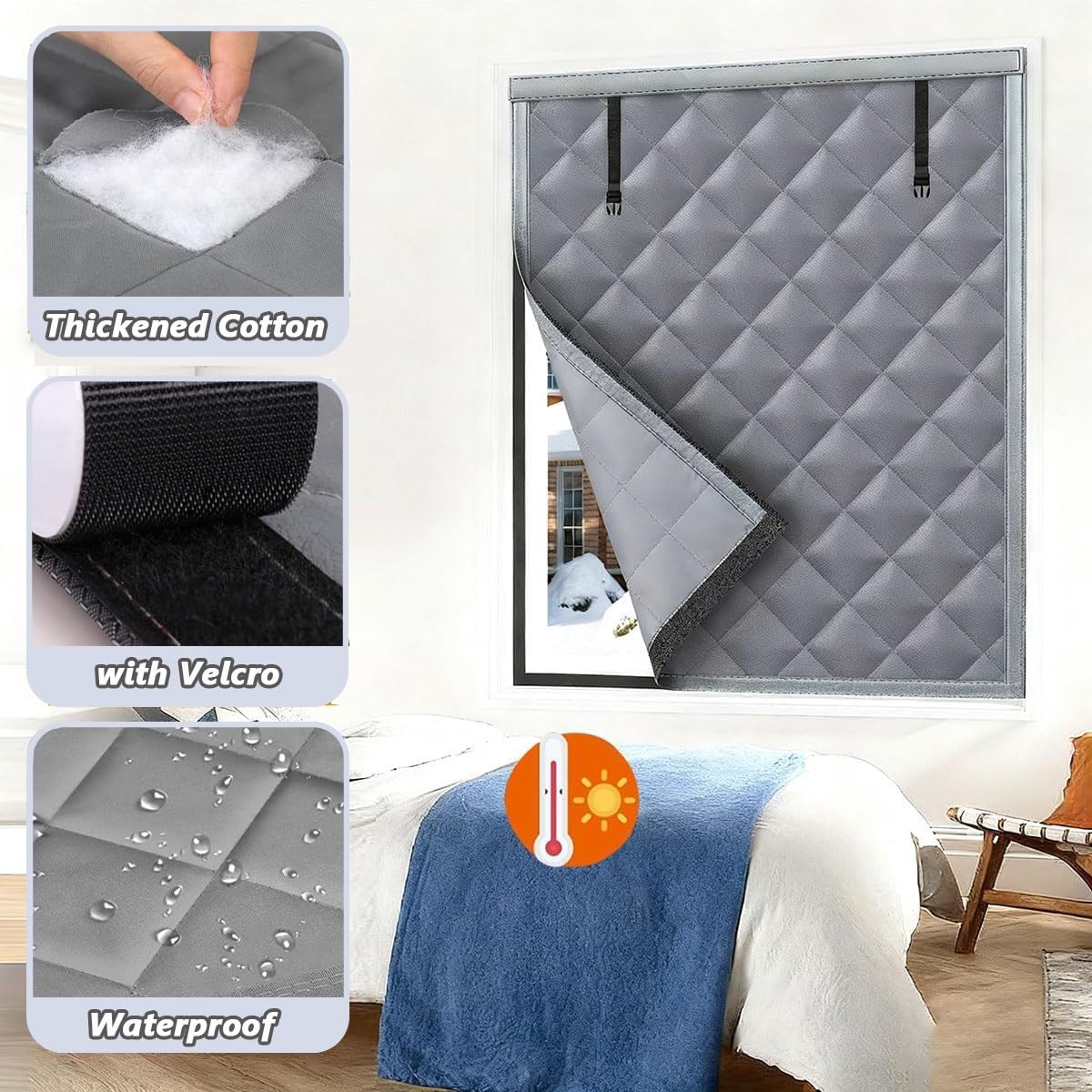 Kit D'isolation De Fenêtre 70 90 120 150 270 300 cm Couverture De Fenêtre Thermique Oxford Rideau Isolant Thermique Imperméable Coupe-Vent avec Velcro pour Camping-Cars(Noir,43x63in/110x160cm)