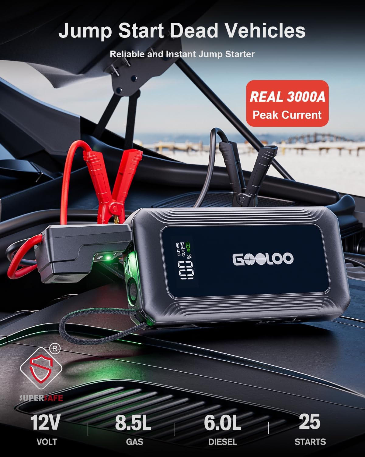 GOOLOO G7 3000A Jump Starter with Built-in Cable,Portable Power Bank for 45W Fast Charging,12V SuperSafe Lithium Jump Box, Battery Booster Pack Up to 8.5L Gas or 6.0L Diesel Engine - Image 2