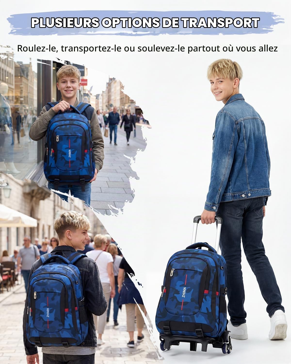 Cartable a Roulette pour Garçons, 26L Sac à Dos Scolaire pour Adolescents avec Chariot Démontable, Sac d'école College Camouflage Trolley Daypack pour les Voyages, Bleu