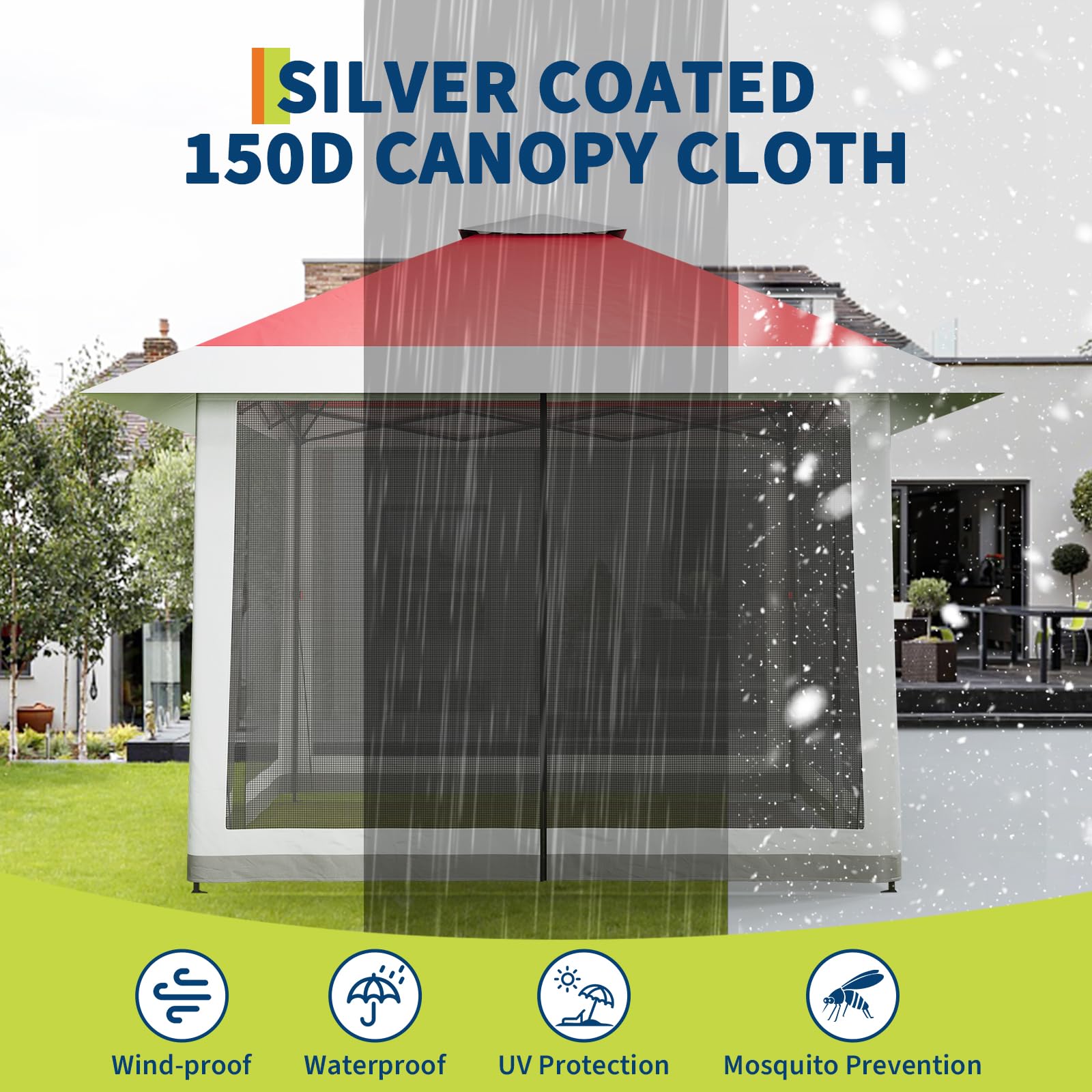4 x 4 m Pop Up Gazebo, Waterproof Pop Up Tent with 4 Mosquito Net Side Panels, Heavy Duty Gazebo with Carry Bag, 360° Ventilation, Instant Event Shelter for Patio, Garden, Family Parties and Camping - Image 5