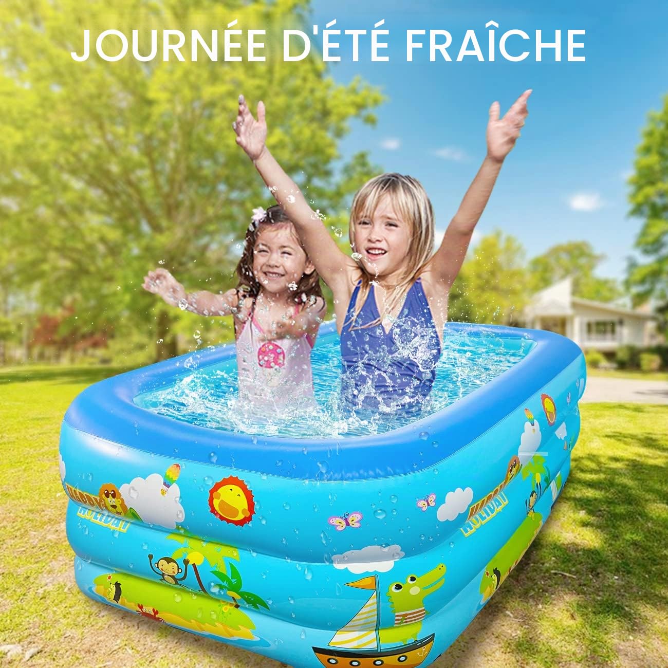 Jiosdo Grande piscine familiale gonflable pour enfants - 150 cm - Rectangulaire - Avec fond souple et gonflable - Pour l'été - Pour le plaisir de l'eau - Bleu