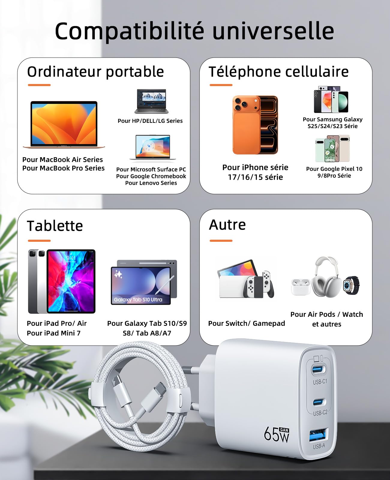 Chargeur USB C 65W 3-Ports GaN III Charge Rapide PD3.0 PPS, avec Câble Tressé 1.8M, Compatible avec MacBook Pro/Air/Neo, iPhone 17/16/15, iPad Pro, Samsung Galaxy S25/S24/S23 Ultra, Google Pixel 10/9