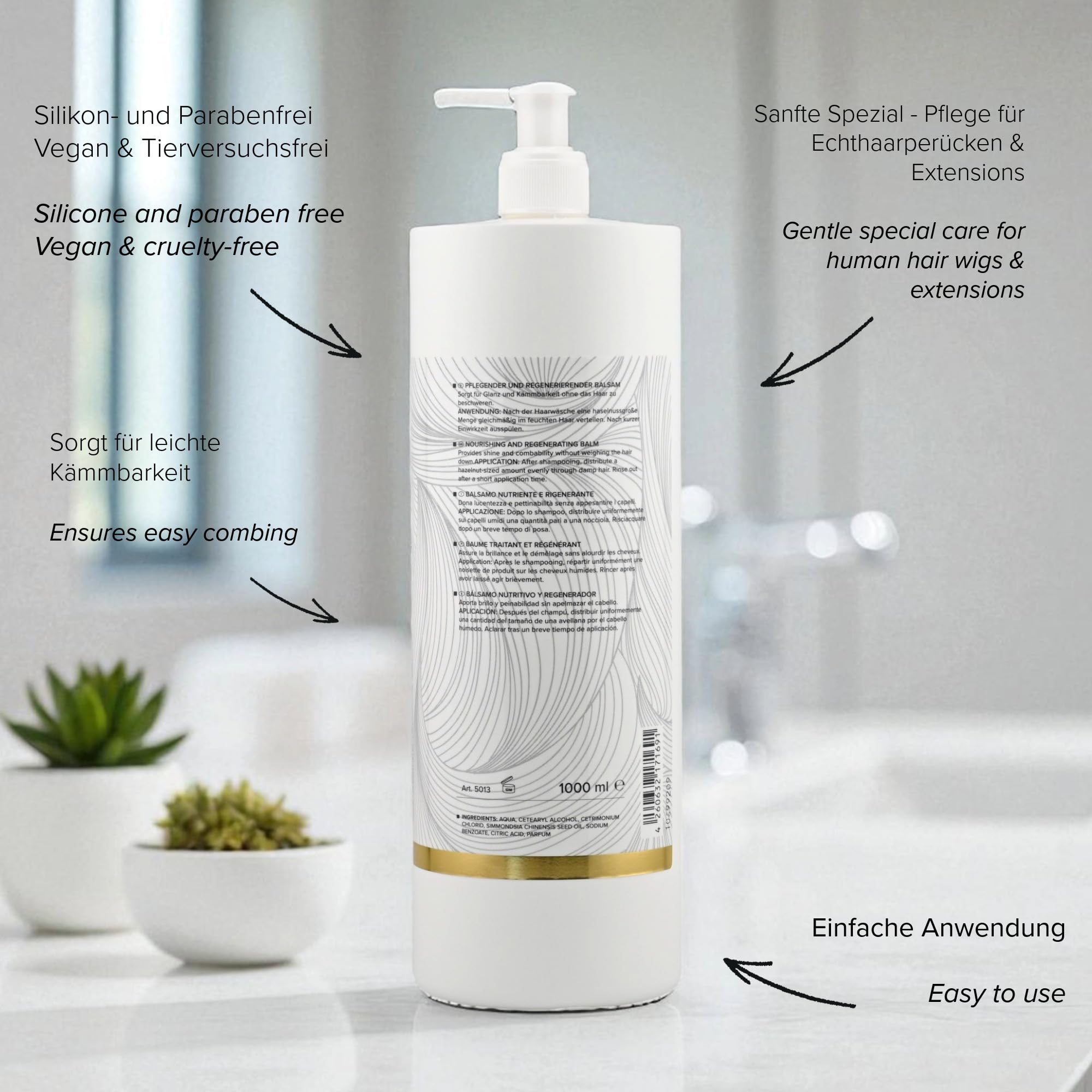 LUTTMANN Natural Hair Balm 1000 ml, Hair Replacement Balm Conditioner, Intensive Care for All Real Hair Wigs Hairpieces - Image 2
