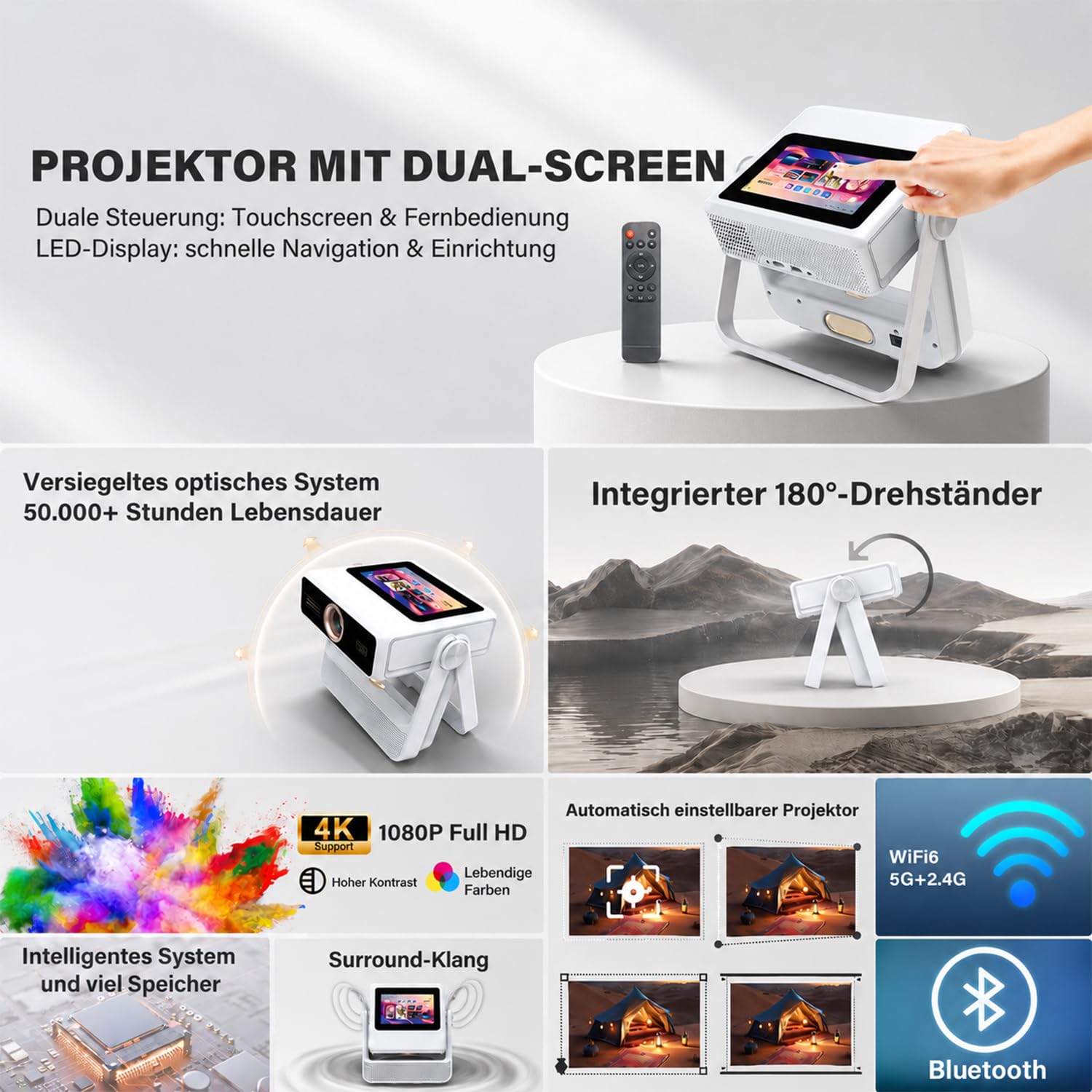 Proiettore Smart Compatibile 4K, Videoproiettore Full HD 1080P con Touchscreen, Doppio Display, 1200 ANSI, Autofocus, WiFi 6 Bluetooth, 1000+ App, Audio 25W per Home Cinema Camera da Letto Campeggio