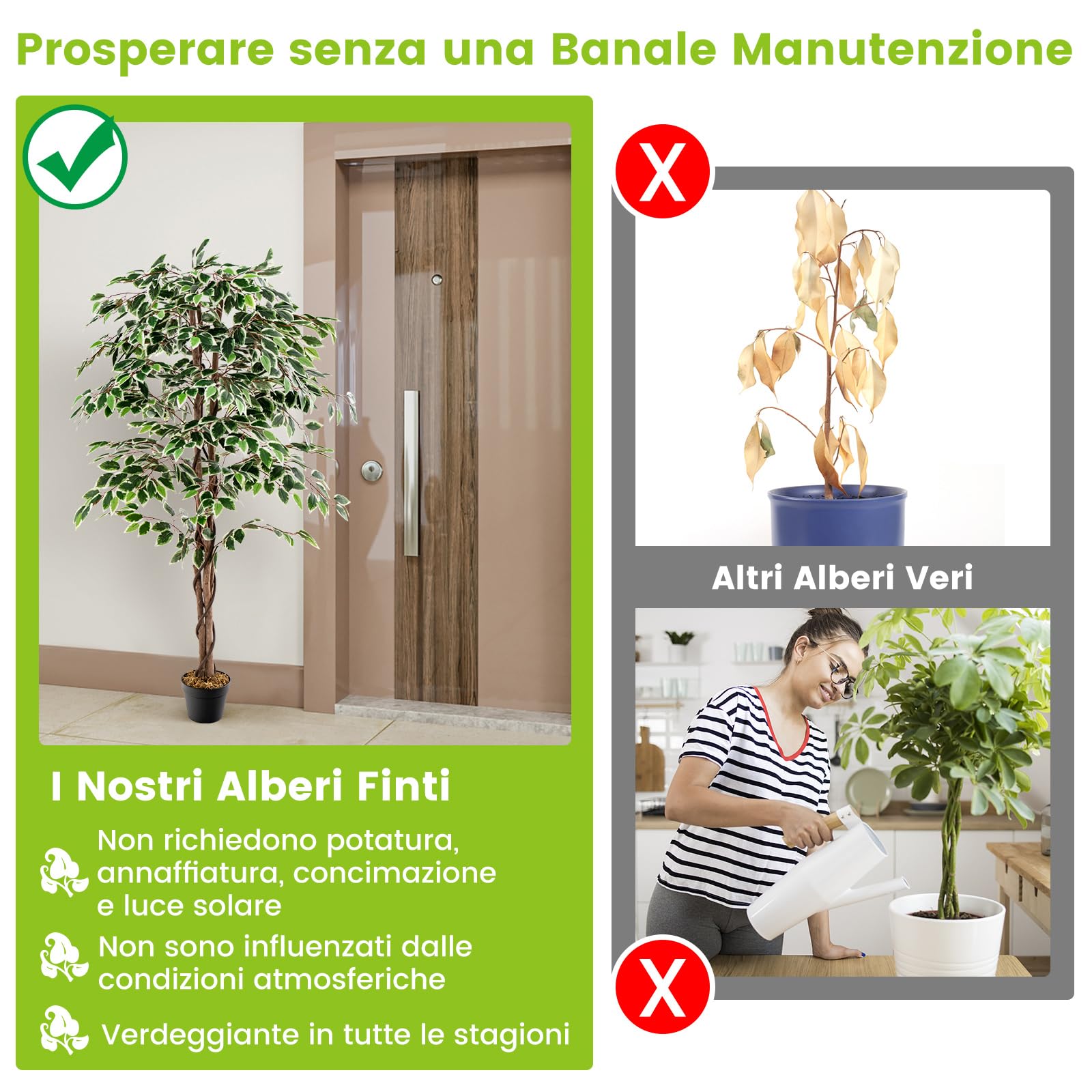 COSTWAY Albero di Fico Artificiale 160 CM, Pianta Finta da Interno con 1008 Foglie, Tronco Naturale in Legno, Vaso Robusto, Muschio Secco, Albero Finto per Casa, Ufficio, Soggiorno, Portico
