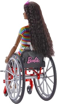 Barbie Fashionistas Doll #166 with Wheelchair & Crimped Brunette Hair Wearing Rainbow-Striped Dress, White Sneakers, Sunglasses & Fanny Pack, Toy for Kids 3 to 8 Years Old