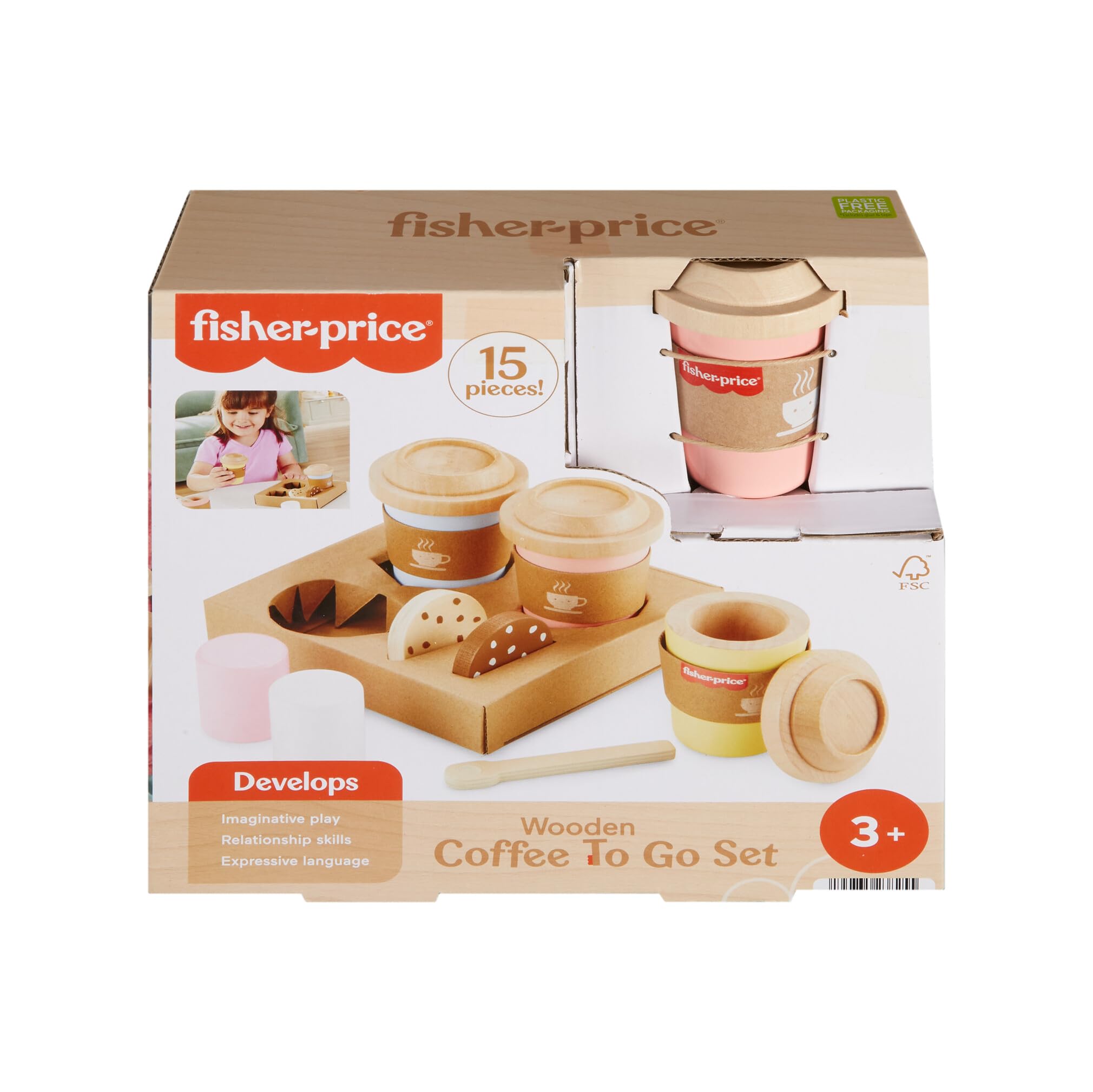 Fisher-Price Set de café para Llevar de Madera, Juguete de imitación con 15 Piezas Fabricadas en Material Certificado FSC, Juego Inspirado en Montessori, +3 años (HXT85)