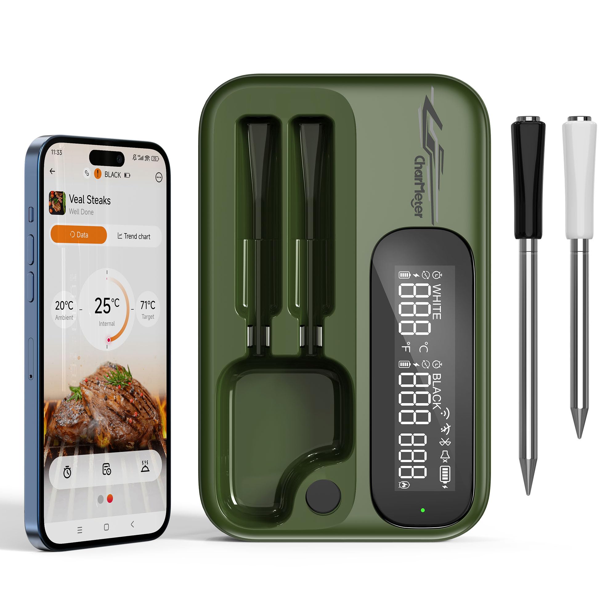 Termómetro inalámbrico para carne con 2 sondas, alcance inalámbrico ilimitado y Bluetooth 5.4 modo dual, termómetro inteligente para barbacoa, host LED, termómetro de asado para barbacoa