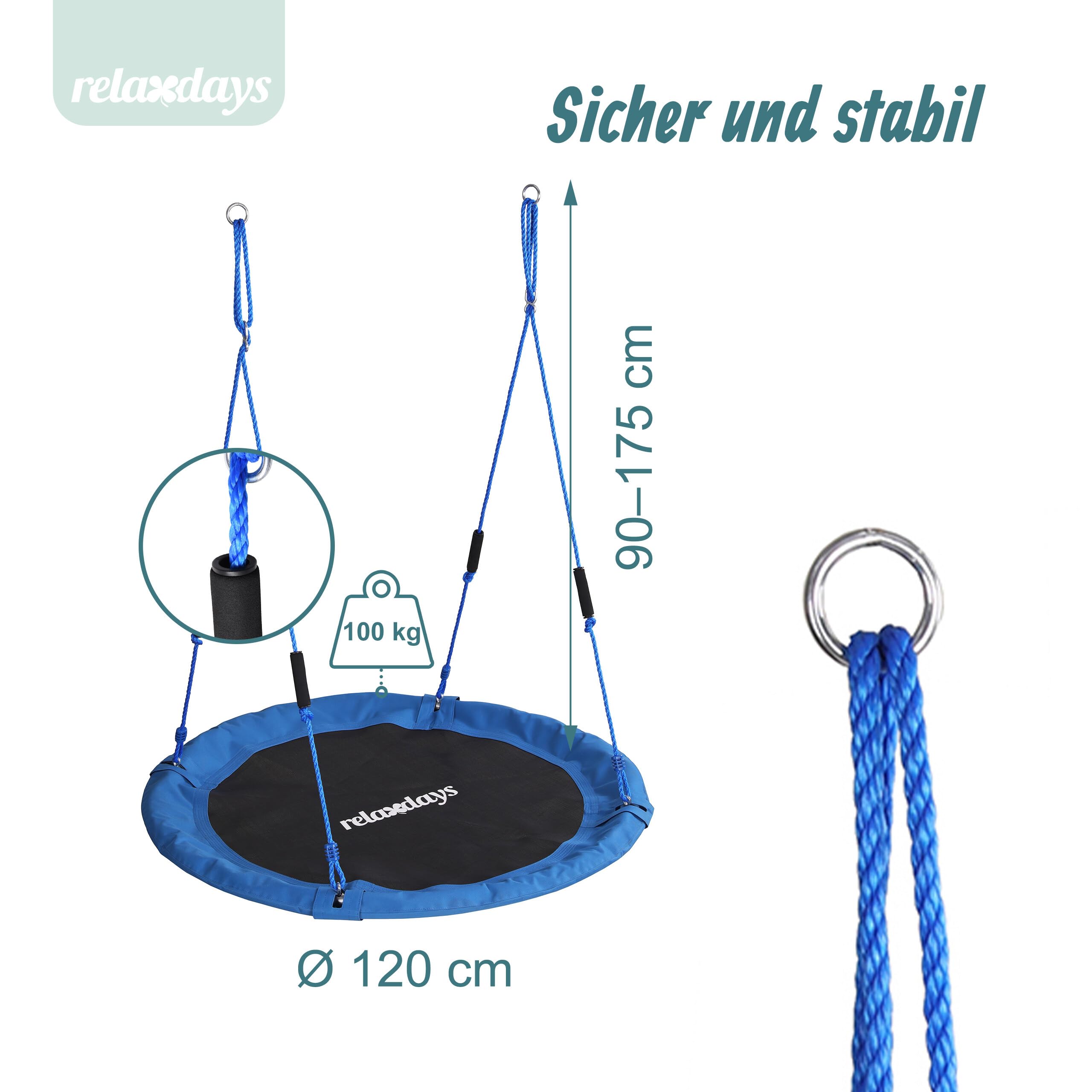 Relaxdays Nestschaukel, runde Hängeschaukel Schaumstoffgriffe, Kinder, verstellbar, Outdoor, Ø: 120 cm, bis 100 kg, blau