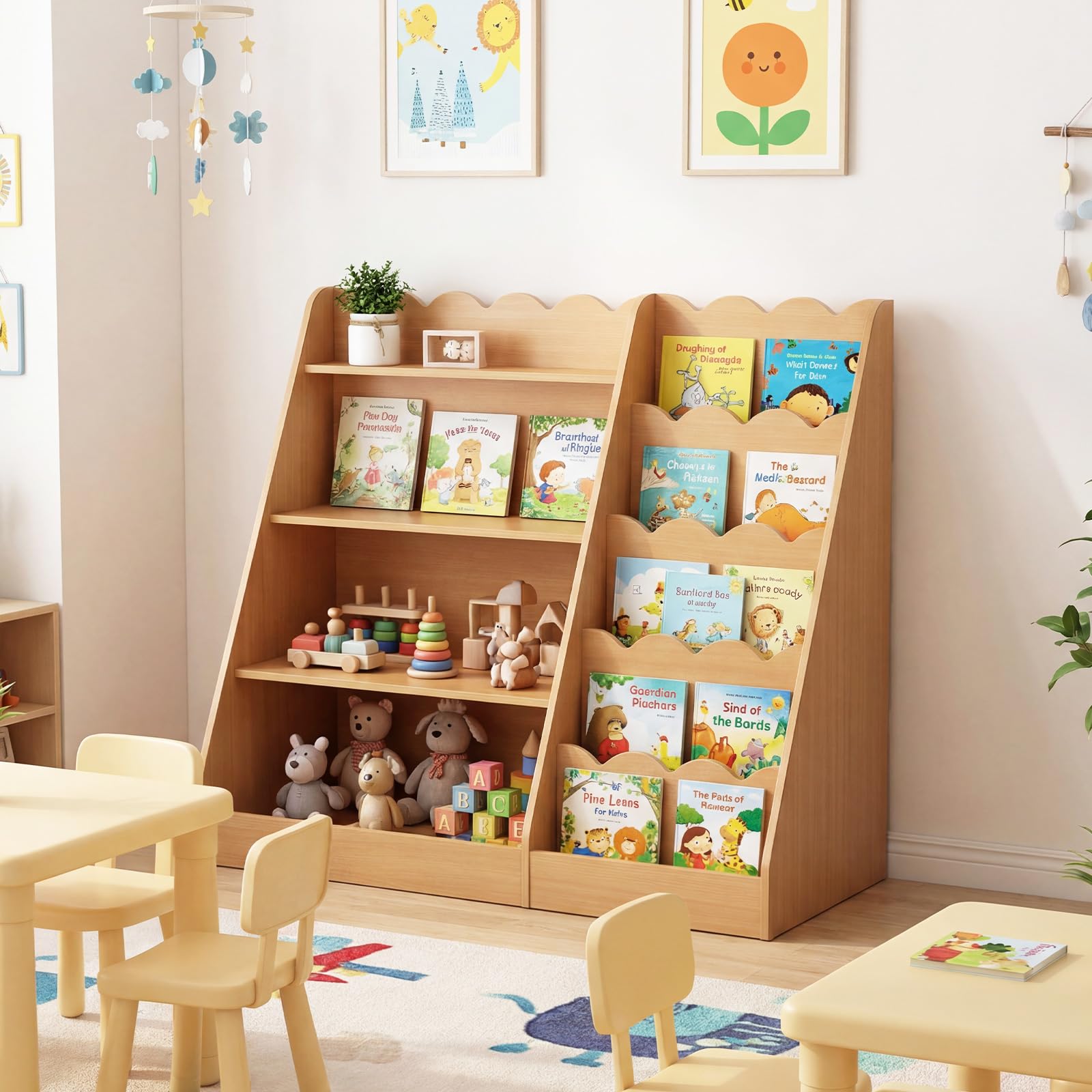 COSTWAY Bibliothèque Enfant Montessori avec 5 Niveaux Ondulés, 4 Étagères Ouvertes, Étagère à Livres en Bois avec Kits Anti-basculement, Meuble Rangement pour Chambre Salle de Jeux Crèche (Naturel)