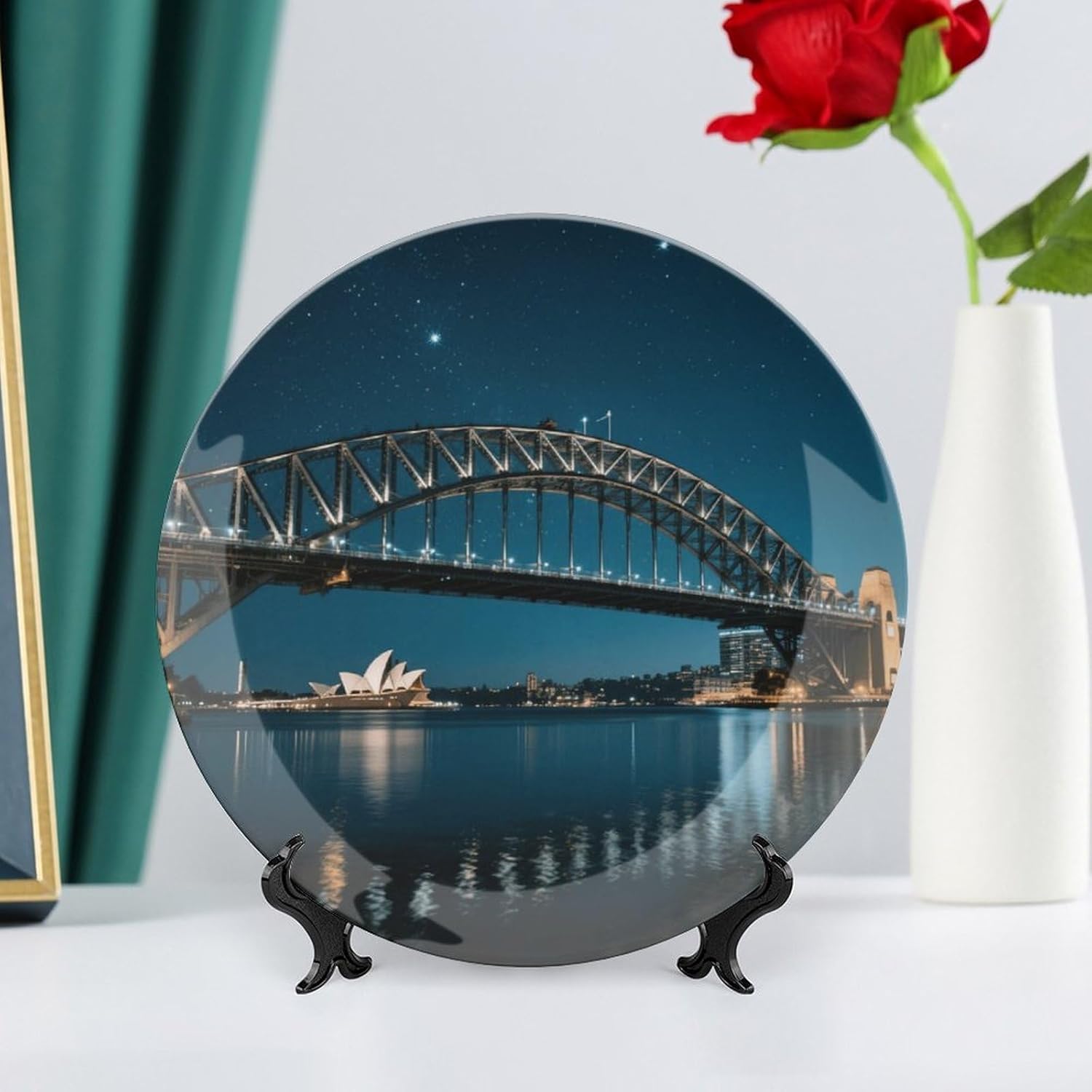 Bone China Decorative Plates Sydney Harbour Bridge Ceramic Decorative Plate Wall Decor with Display Stand Ceramic Ornaments for Wall Hanging Decoration