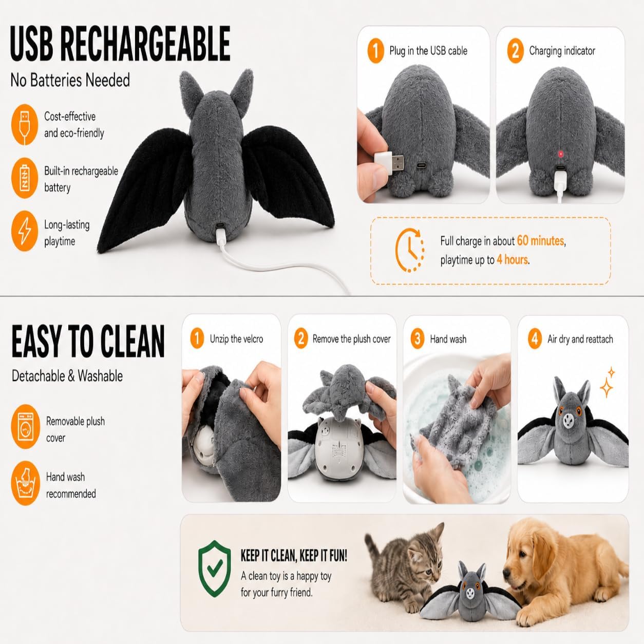 Flying Bat Dog Toy, Interactive Automatic Flapping Cat Toy with Smart Motor, USB Rechargeable Plush Bat, 3 Play Modes, Hanging Indoor Cat Exercise Toy Compatible with Cat Teaser Wand image 2