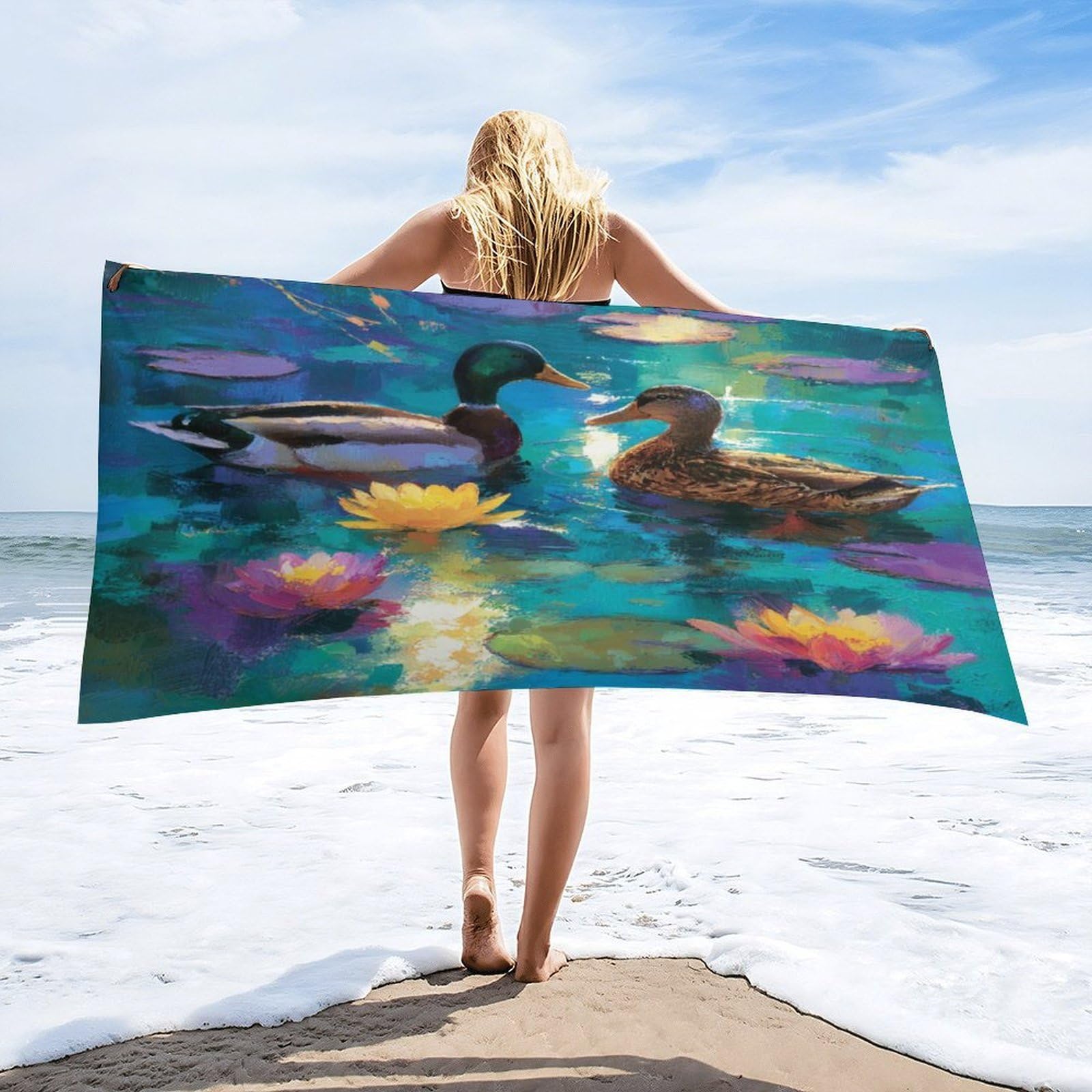 Luyysky Vintage Realistic Animal Duck Quick-Drying Beach Towel, Vintage Classic Plant Lotus Flowers Wildlife Mallard Travel Vacation Single Sided Pile Bathroom Towels-80 W Cm X 160" L Cm
