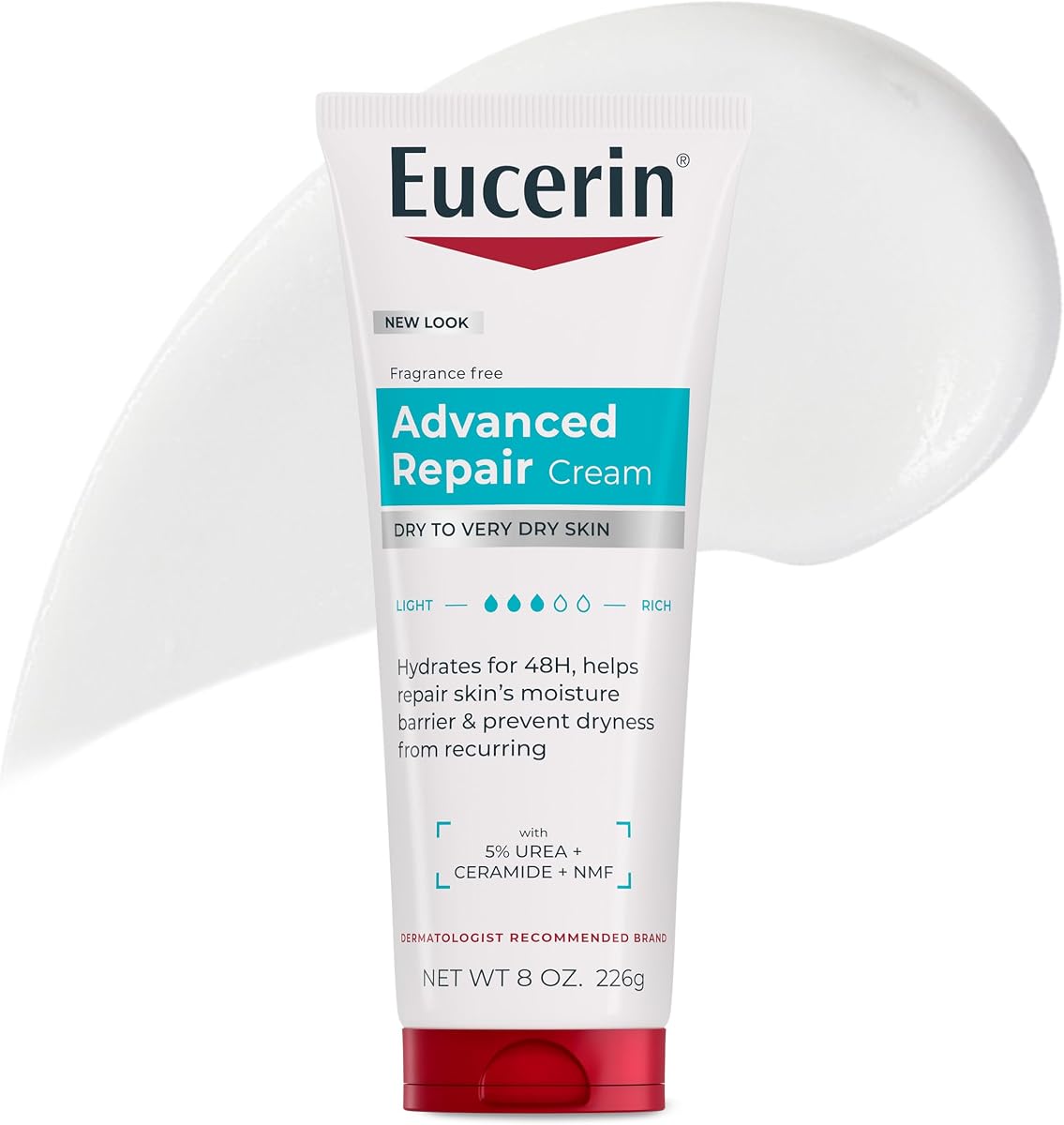 Eucerin Advanced Repair Body Cream, Urea Enriched, 8 OZ | Unscented Body Cream for Dry Skin with Urea, Ceramide and NMF, 48-Hour Hydration, Fast Absorbing, Non-Greasy, Fragrance Free