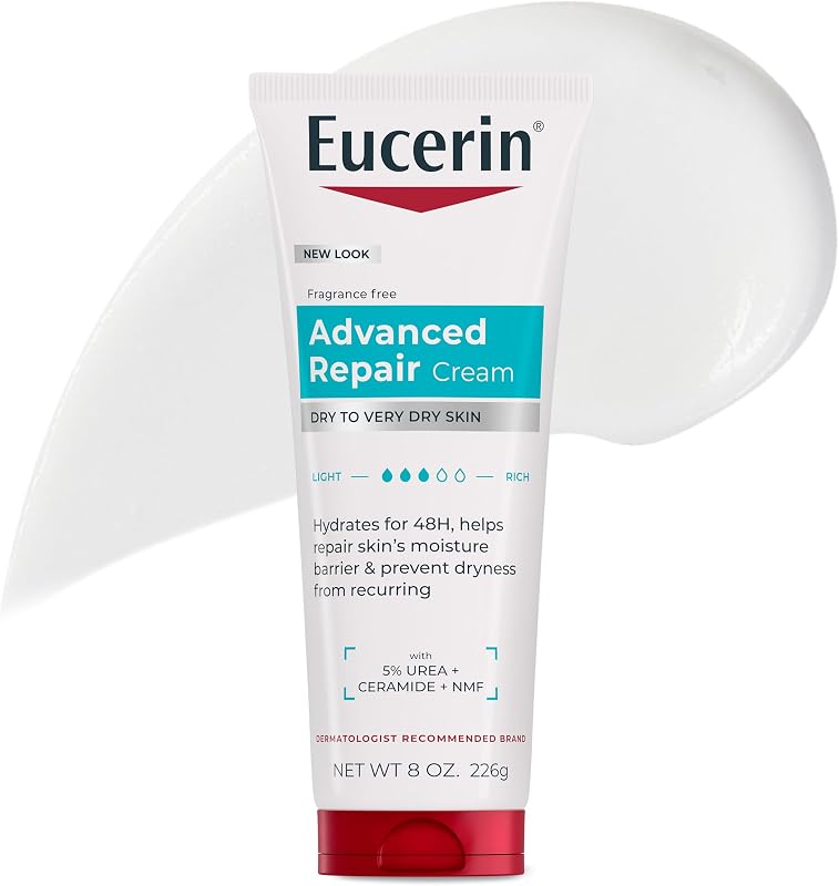 Eucerin Advanced Repair Body Cream, Urea Enriched, 8 OZ | Unscented Body Cream for Dry Skin with Urea, Ceramide and NMF, 48-Hour Hydration, Fast Absorbing, Non-Greasy, Fragrance Free
