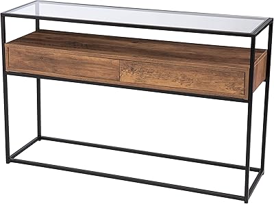Industrial Brown Wood Console Table Black Rectangular Iron MDF Finish Drawers Storage