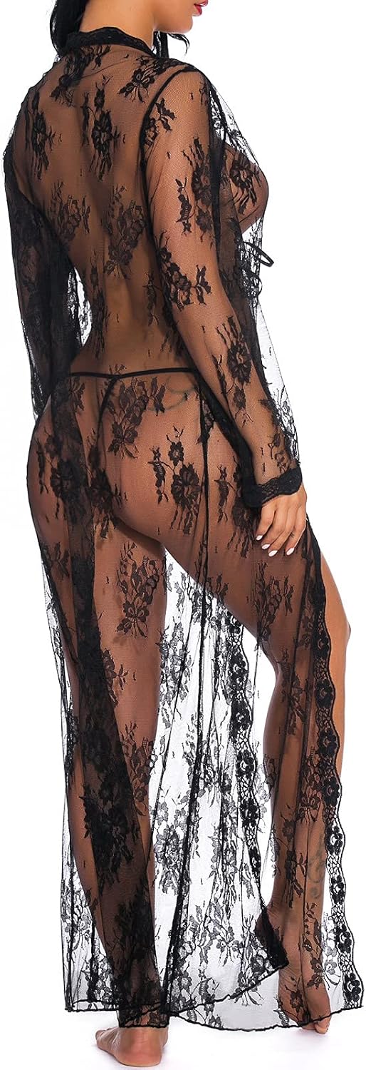 Lingerie for Women Sexy Long Cardigan Gown Lace Mesh Skirt Teddy Bodysuit Dress Nightgown See-Through Robe