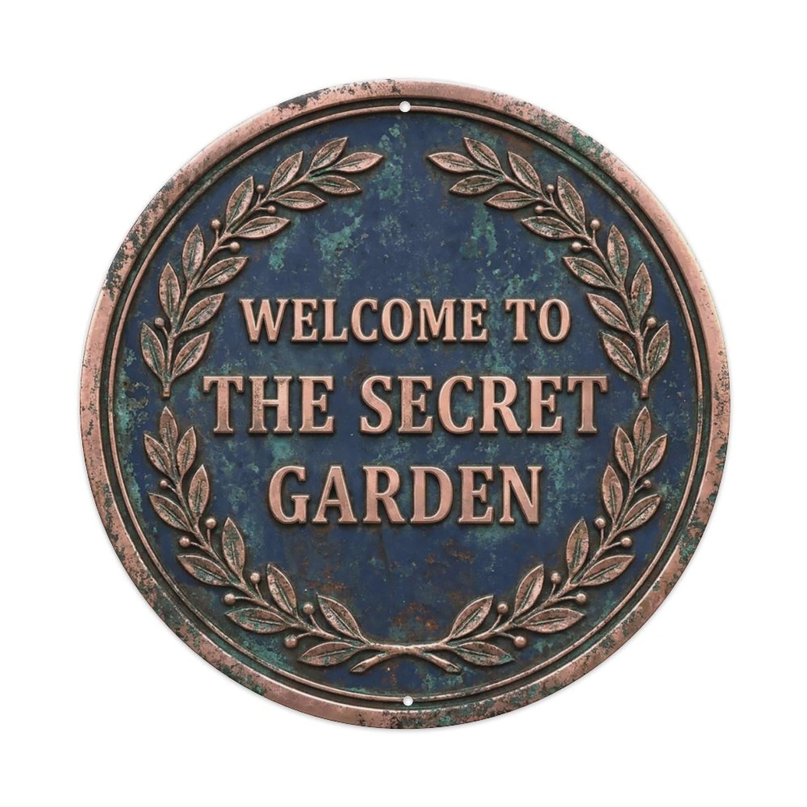 Vintage Welcome Secret Garden Rosegold Navy Wreath Metal Tin Sign