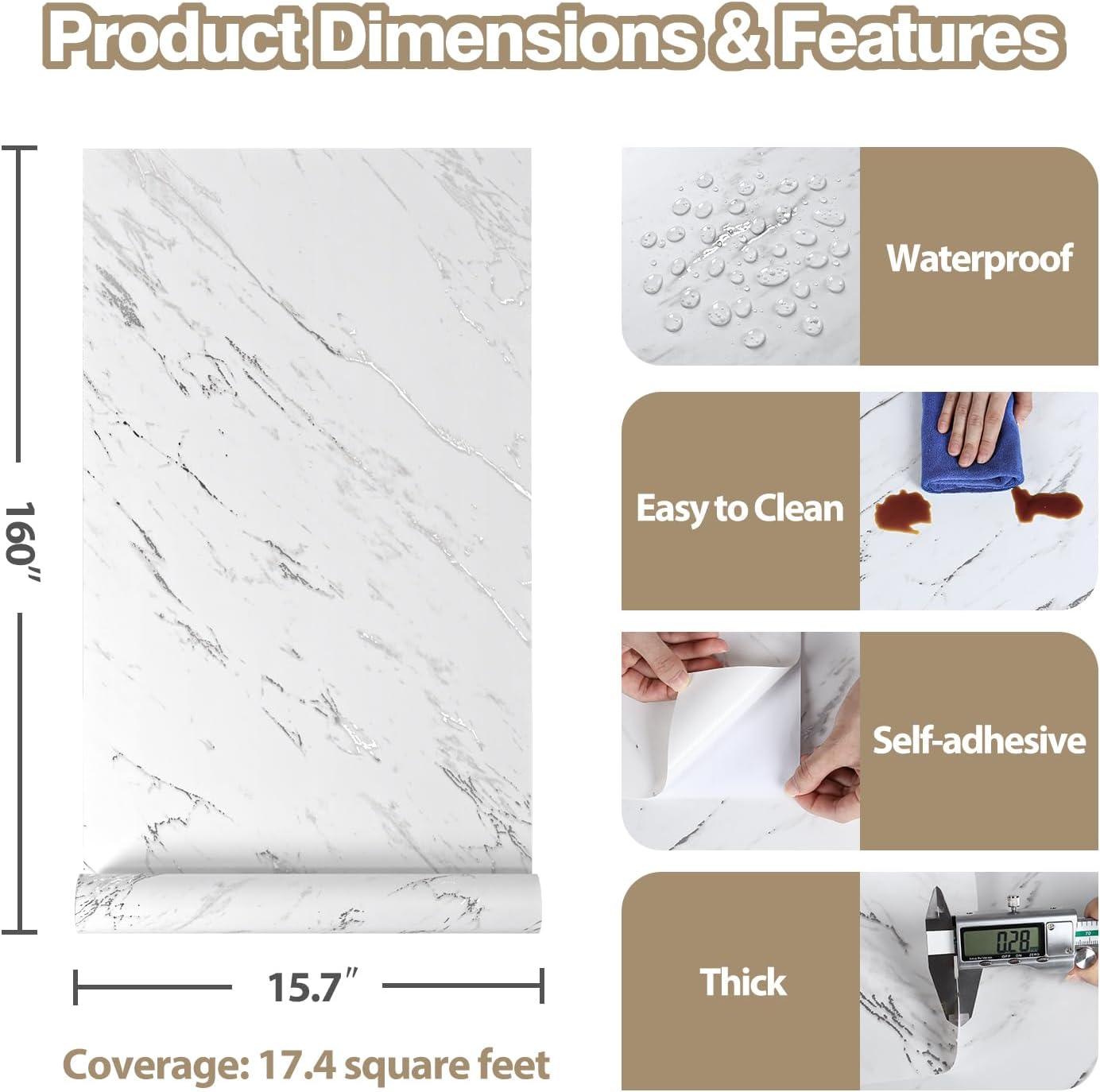 15.7''x160'' Matte Silver Grey White Marble Contact Paper Thick Waterproof Kitchen Countertop Peel and Stick Wallpaper Self Adhesive Removable Wallpaper for Bathroom Kitchen Countertops Wall