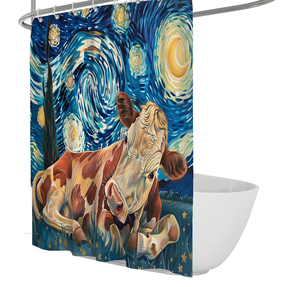 Sternennacht Kuh-Duschvorhang Impressionismus Stoff-Badevorhang Kreativer Verspielter Badezimmer-Kunstdekor Wasserbeständig und waschbar 200 x 200 cm