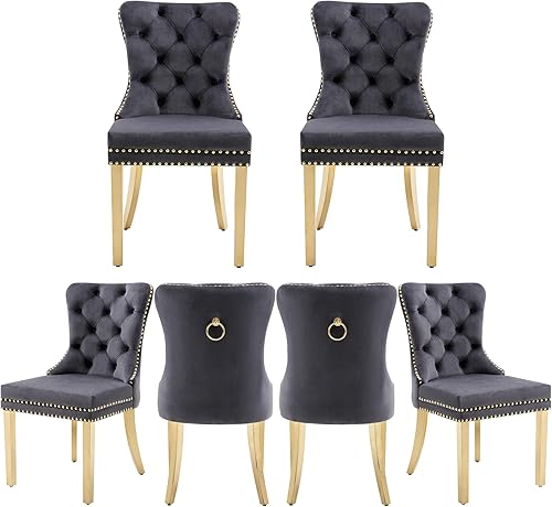 Miniatura 81 de Juego de 2 sillas de comedor, sillas de terciopelo copetudas con patas de acero inoxidable doradas, anillo de metal con ribete de remache, respaldo