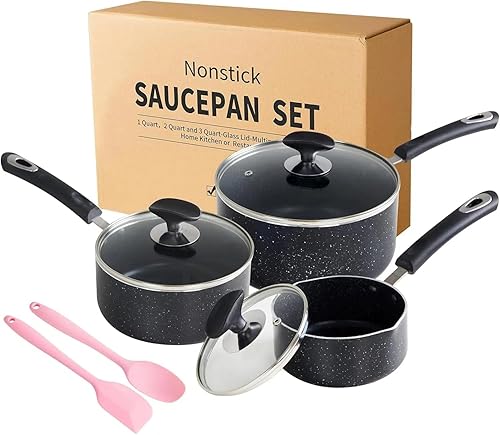 Nonstick Saucepan Set - 3-Pieces Pot Set 1 Quart & 2 Quart & 3 Quart,Ultra Non Stick Sauce Pan Small Pot with Glass Lid,Great for Home Kitchen
