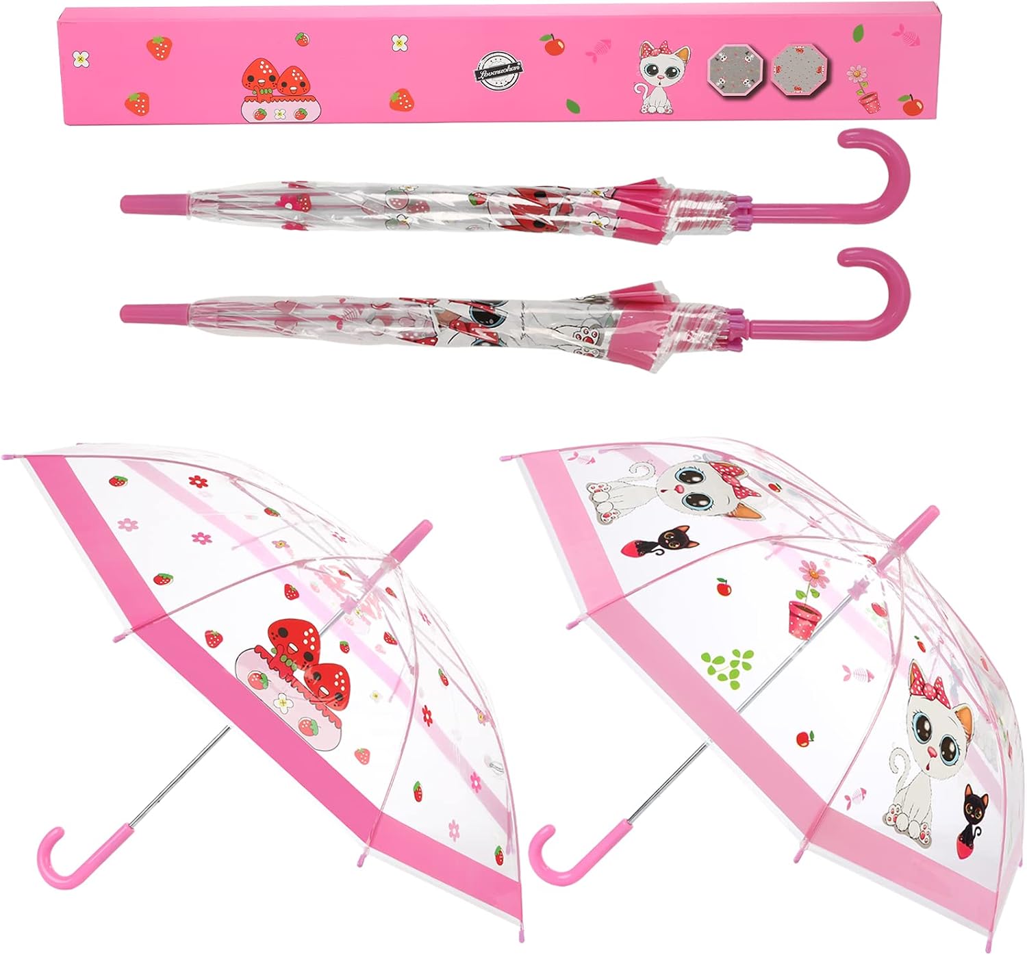 LOVENUOHAN Kids Umbrella for Rain Girls, 2 Pack of Girls Umbrella for Rain with Gift Box Clear Windproof Umbrellas Gift for Christmas Party Favor for Girls