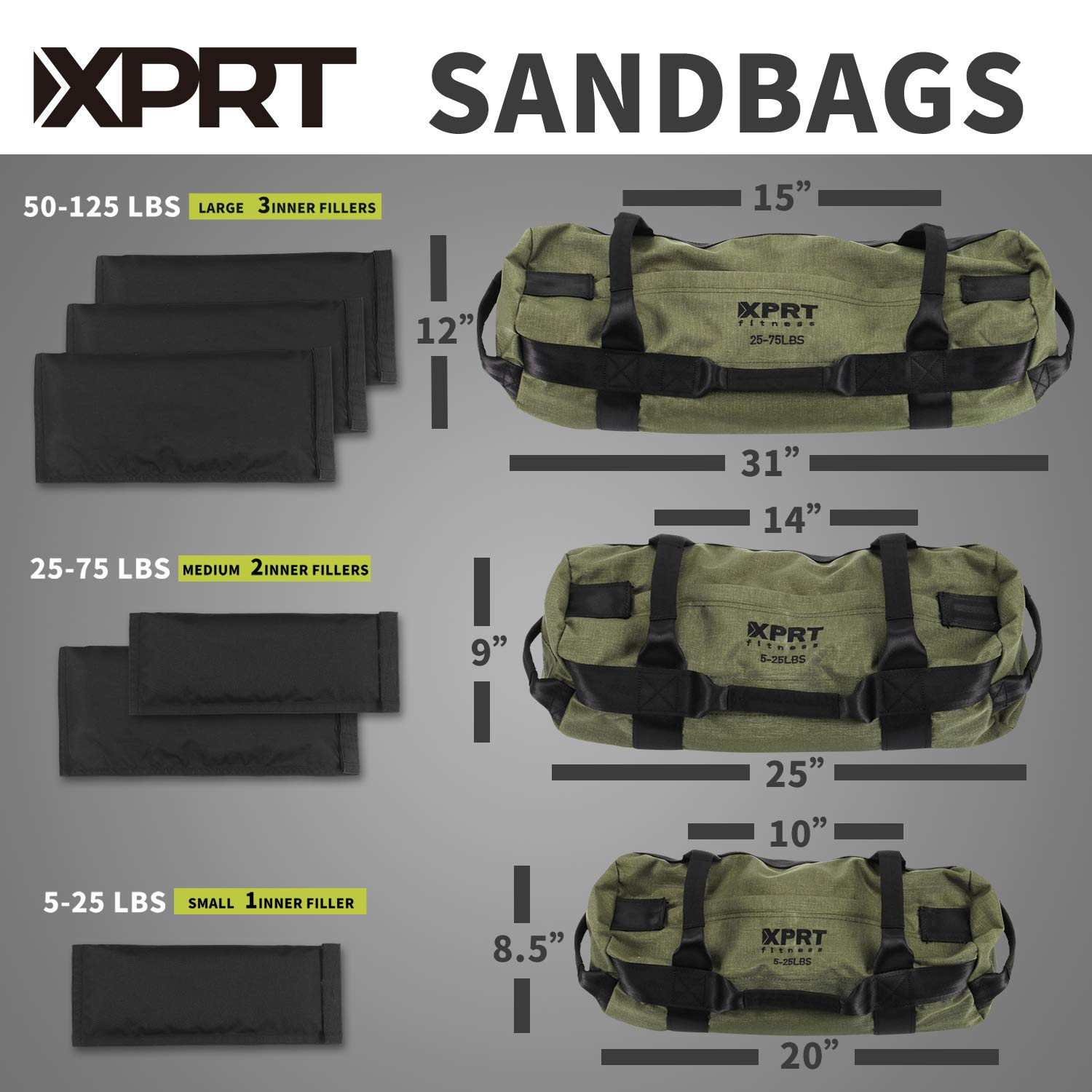 XPRT Fitness Workout-Sandsack für schweres Training, Cross-Training, 7 Multi-Positions-Griffe, Farbe: Armeegrün/Schwarz/Camo