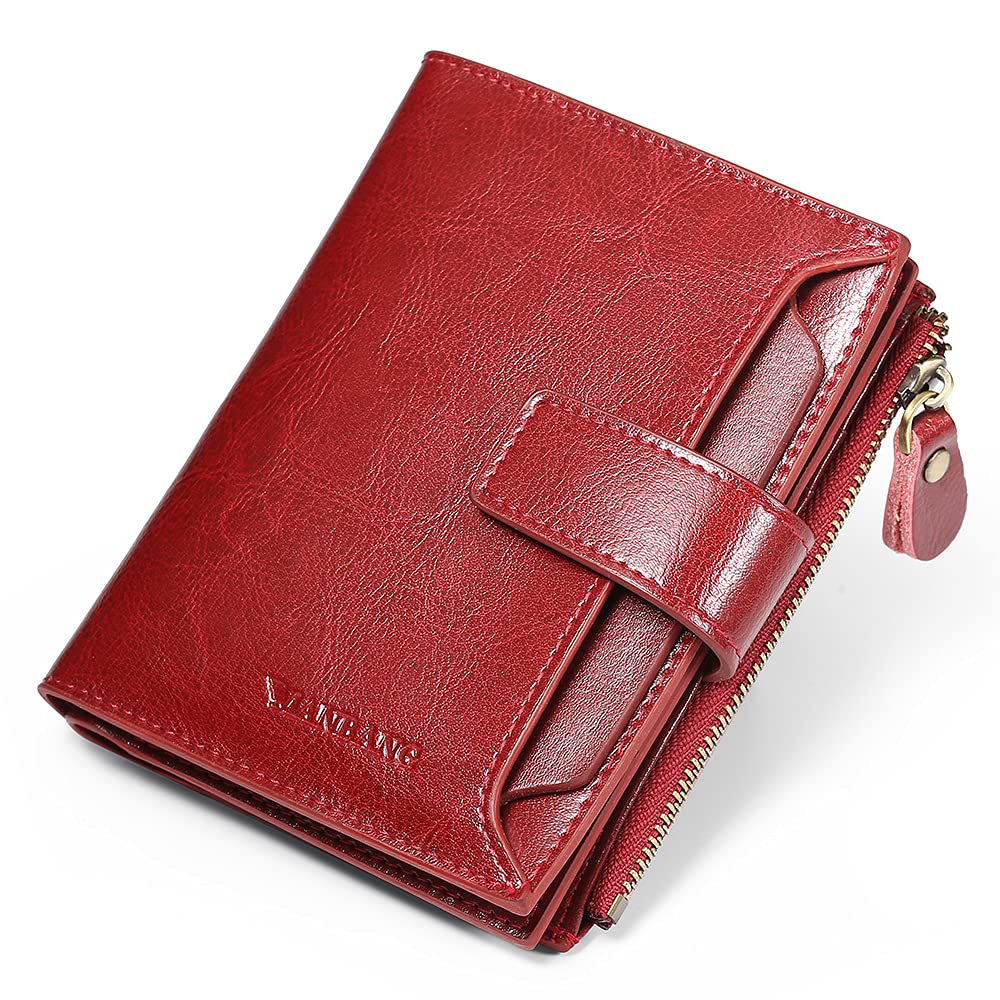 MANBANG Wallets for Women Leather RFID Blocking Small Bifold Zipper Pocket Wallet Card Case Purse with ID Window… (Red)