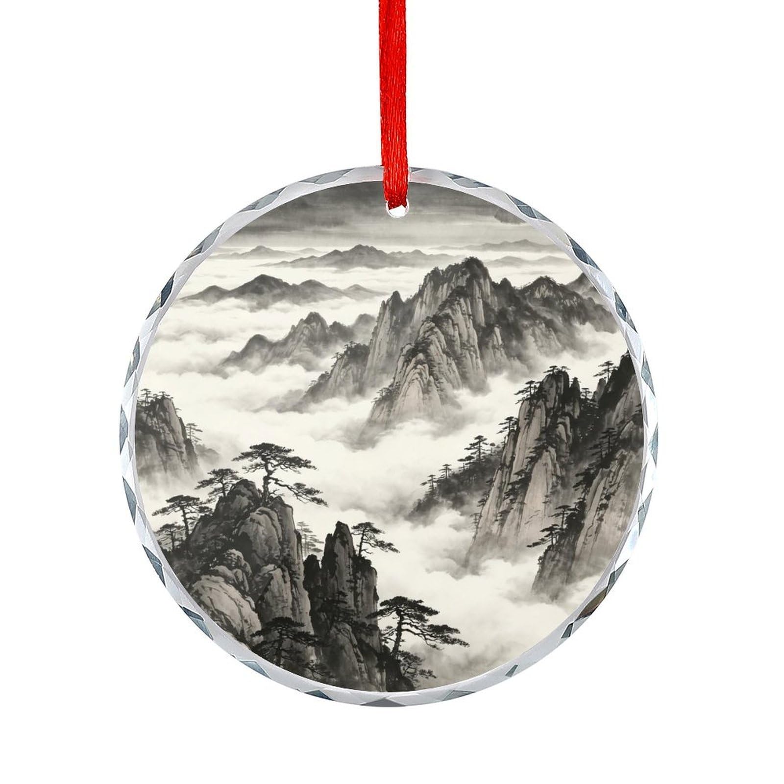 Btcowzrv Style Ink Wash Mountain Round Ornament Hanging Pendant Decor
