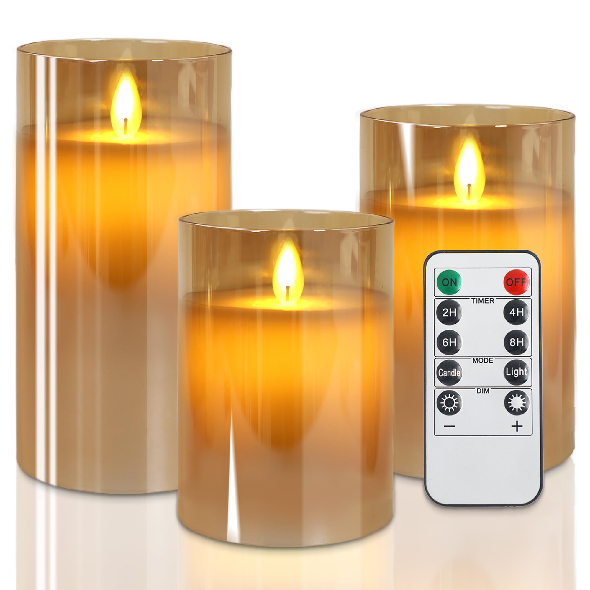 Led Flameless Candles, Battery Operated Flickering Candles Pillar Real Wax Moving Flame Electric Candle Sets Gold Glass Effect with Remote Timer, 4 in, 5 in, 6 in (Brown)