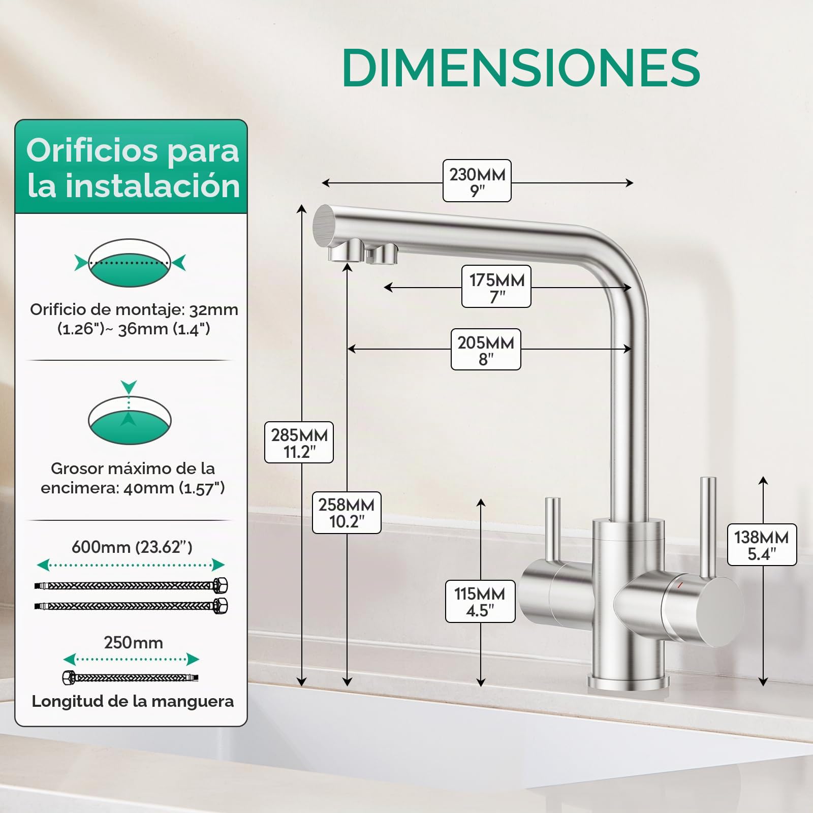 Grifo de Cocina Acero Inoxidable 3 Vías, Giratorio 360°, Mezclador 3 en 1 para Filtro de Agua Potable, Grifo con Doble Mando, Superficie Cepillada – Compatible con Sistema de ósmosis