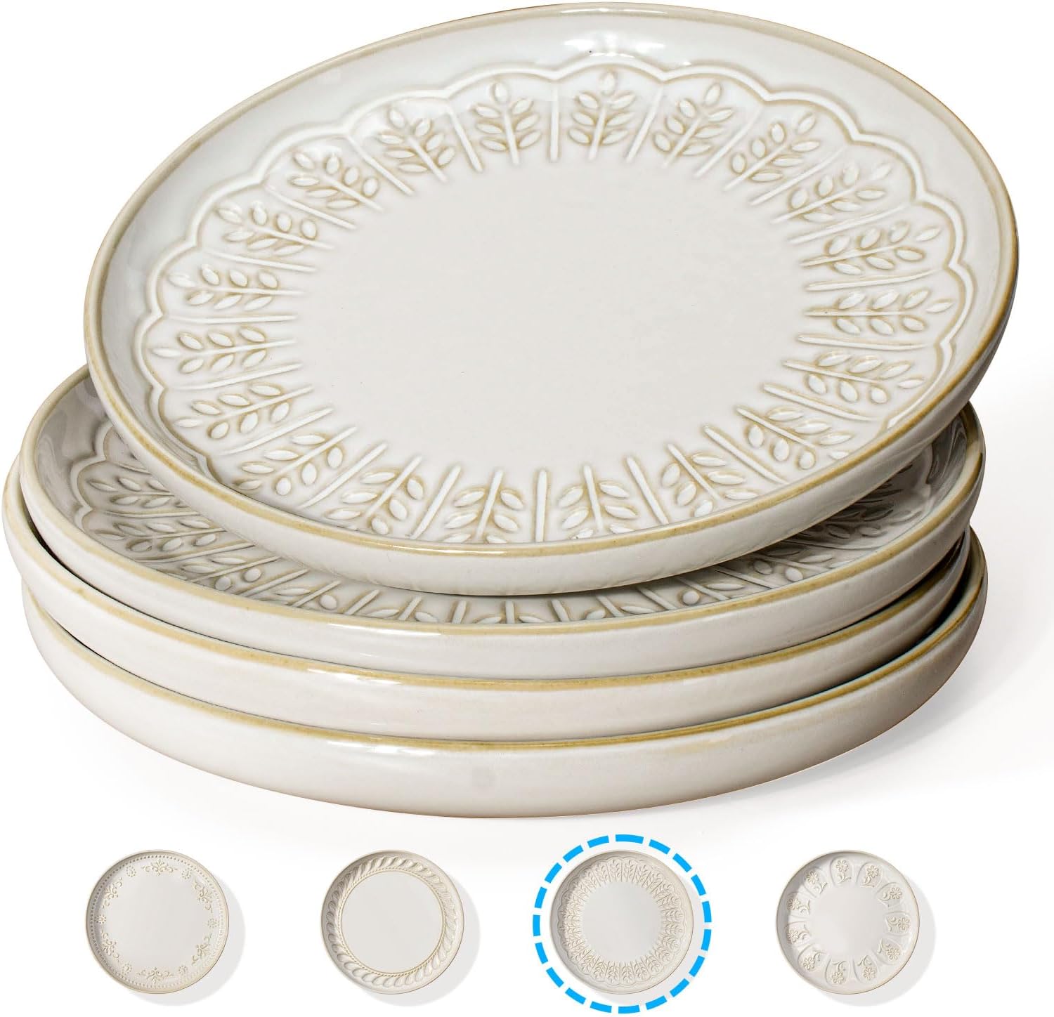 Artena Salad Plates Set Of 4, 8.5 Inch Embossed Appetizer Plates, Ceramic Dessert Plates & Ramekins, Ramekins Oven Safe, Creme Brulee Ramekins, Embossed White Ceramic Ramiken, Souffle