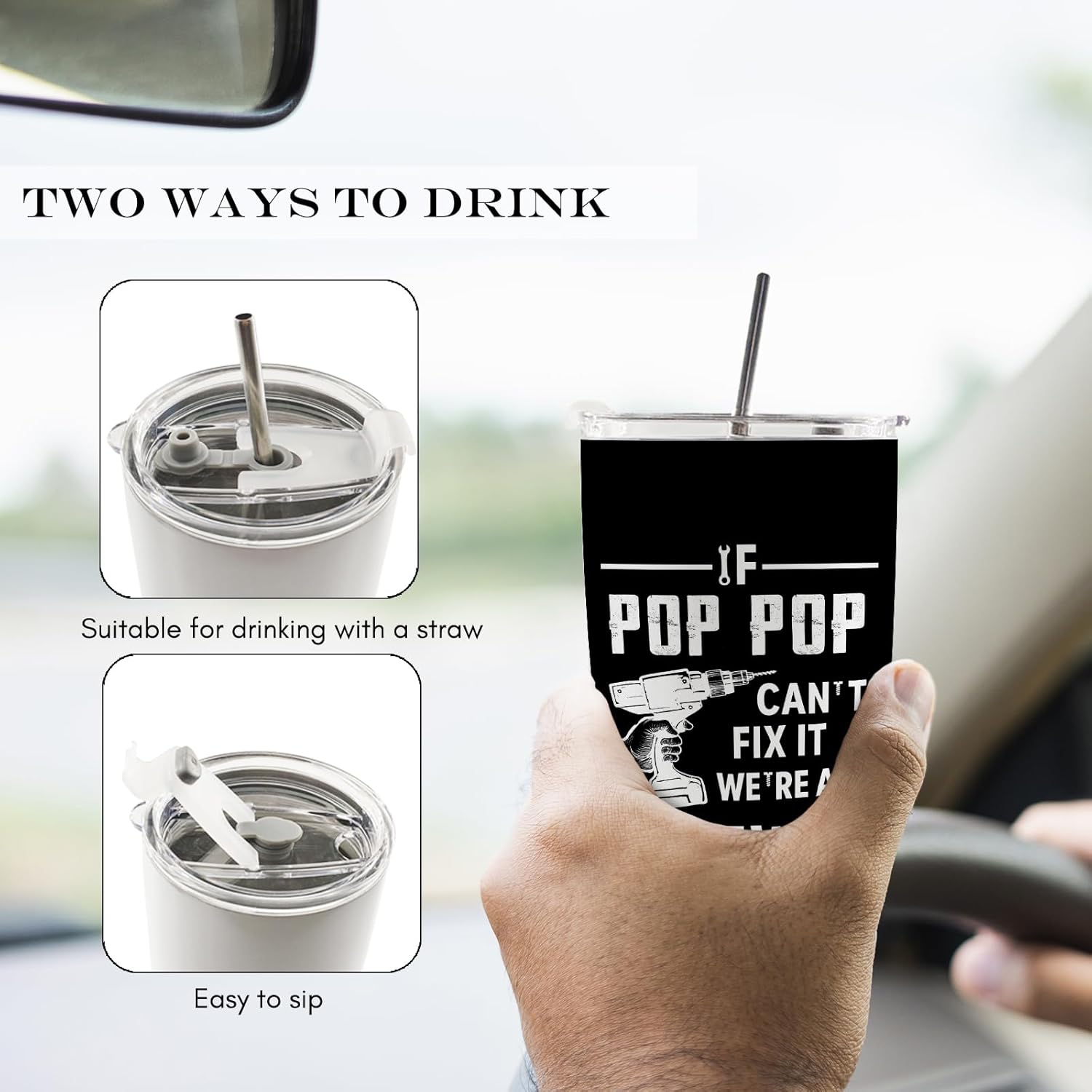 Grandpa Pop Pop 20oz Travel Coffee Mug Tumbler Gifts for Fathers Day from Grandkids, Christmas Birthday Gifts for If Pop Pop can't Fix It Water Stainless Steel Tumbler with Lid and Straw - Image 5