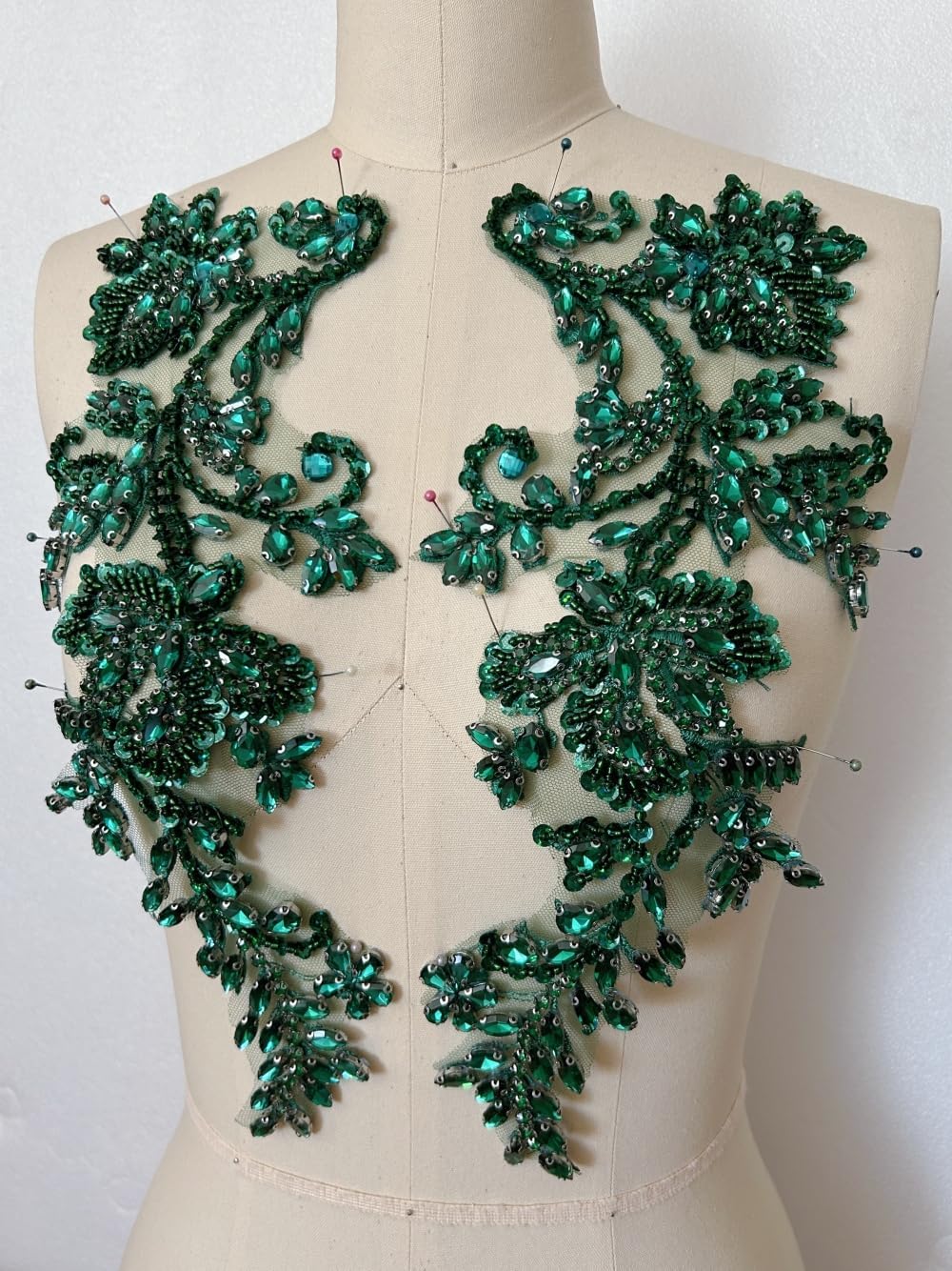 Handmade Beaded Rhinestone Appliques Sew on Crystal Lace Patch, 1 Pair for DIY Clothing, Wedding Dress,Multi-Color Costume Decoration (Deep Green)