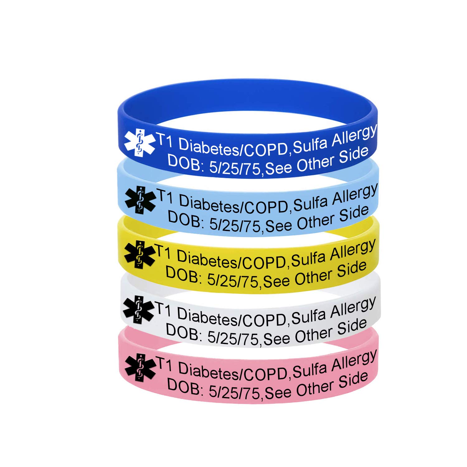 5 Color Pack-Personalized Engraved Medical Alert ID Jewelry Food Drug Allergy Bracelets,100% Silicone Rubber ID Survivor Bracelet Band,Emergency Contact Bracelet,Diabetes Bracelet,5.5"-7.9"