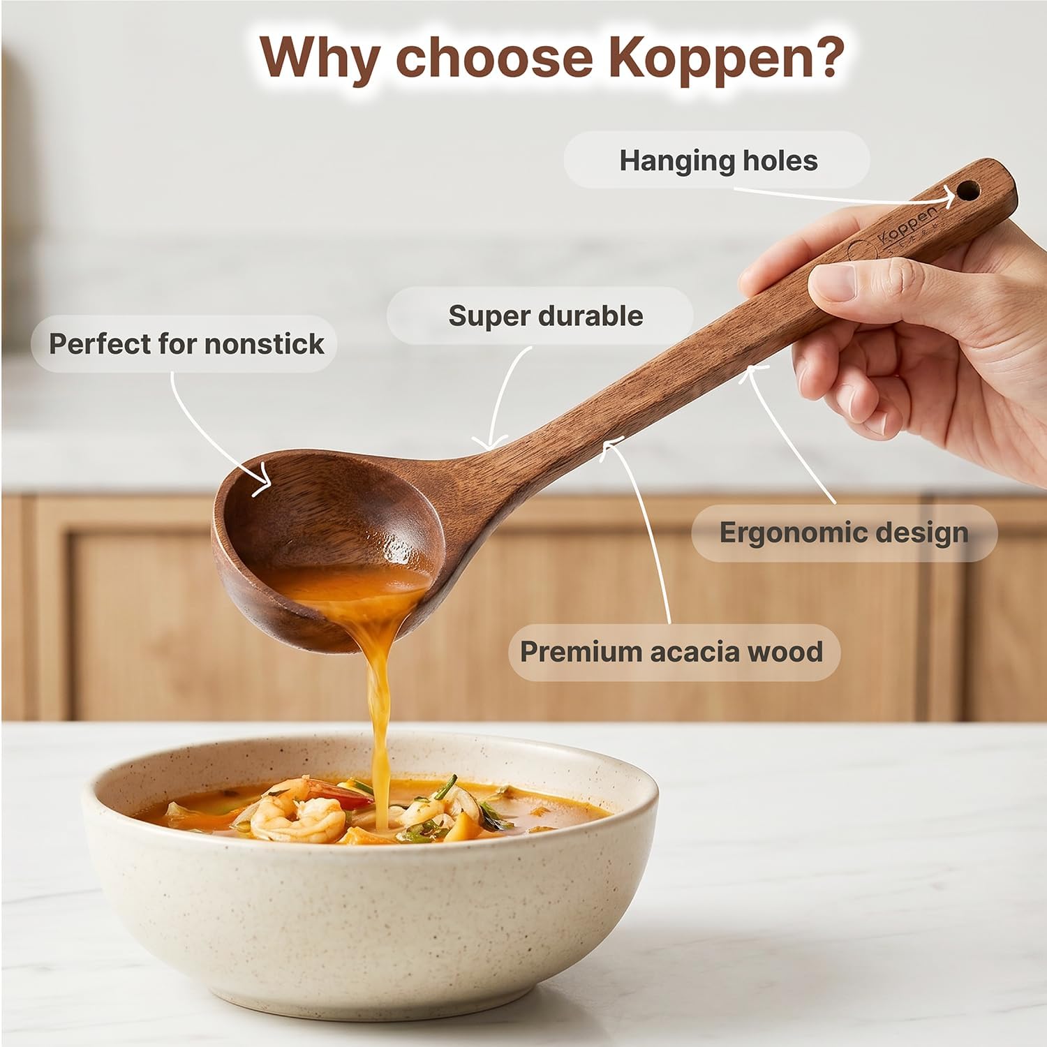 Koppen Dishwasher Safe Acacia Wood Soup Spoon & Pasta Spoon Set, 2 Pcs Non Toxic Wooden Kitchen Utensils for Nonstick Cookware, Wood Soup Ladle and Pasta Server, Heat Resistant, Smooth Grip