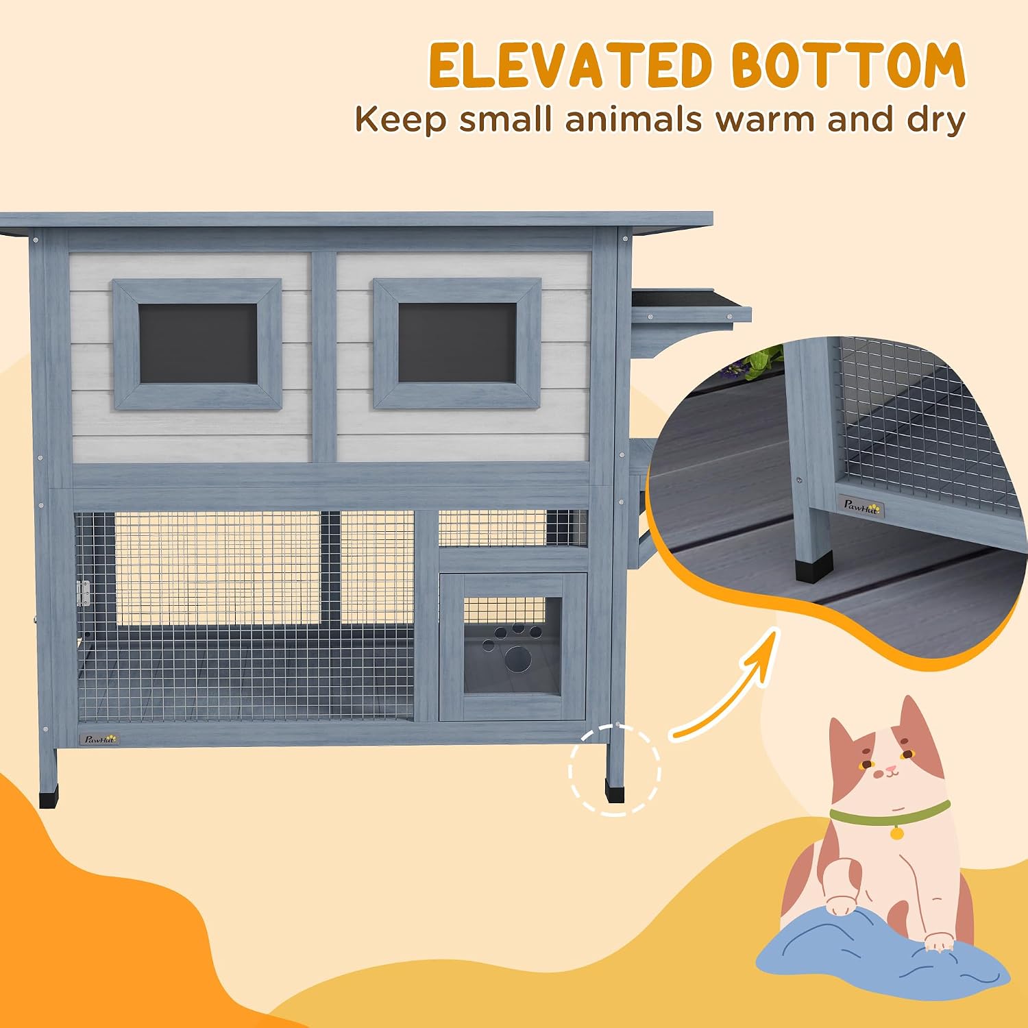 PawHut Outdoor Cat House, 2-Story Weatherproof Feral Cat Shelter with Asphalt Roof, Escape Door, Jump Platform, Light Gray
