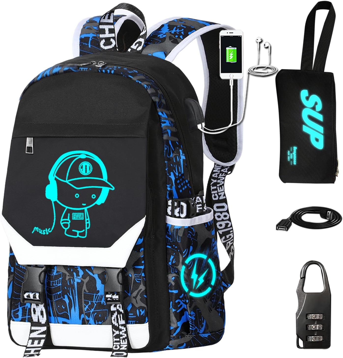 School Backpack for Boys Print Backpack Teenagers Anime Large School Bag Outdoor Reflective Daypack.Luminous Pattern Travel Laptop Backpack - With Usb Charging Port Headphone port(Blue)