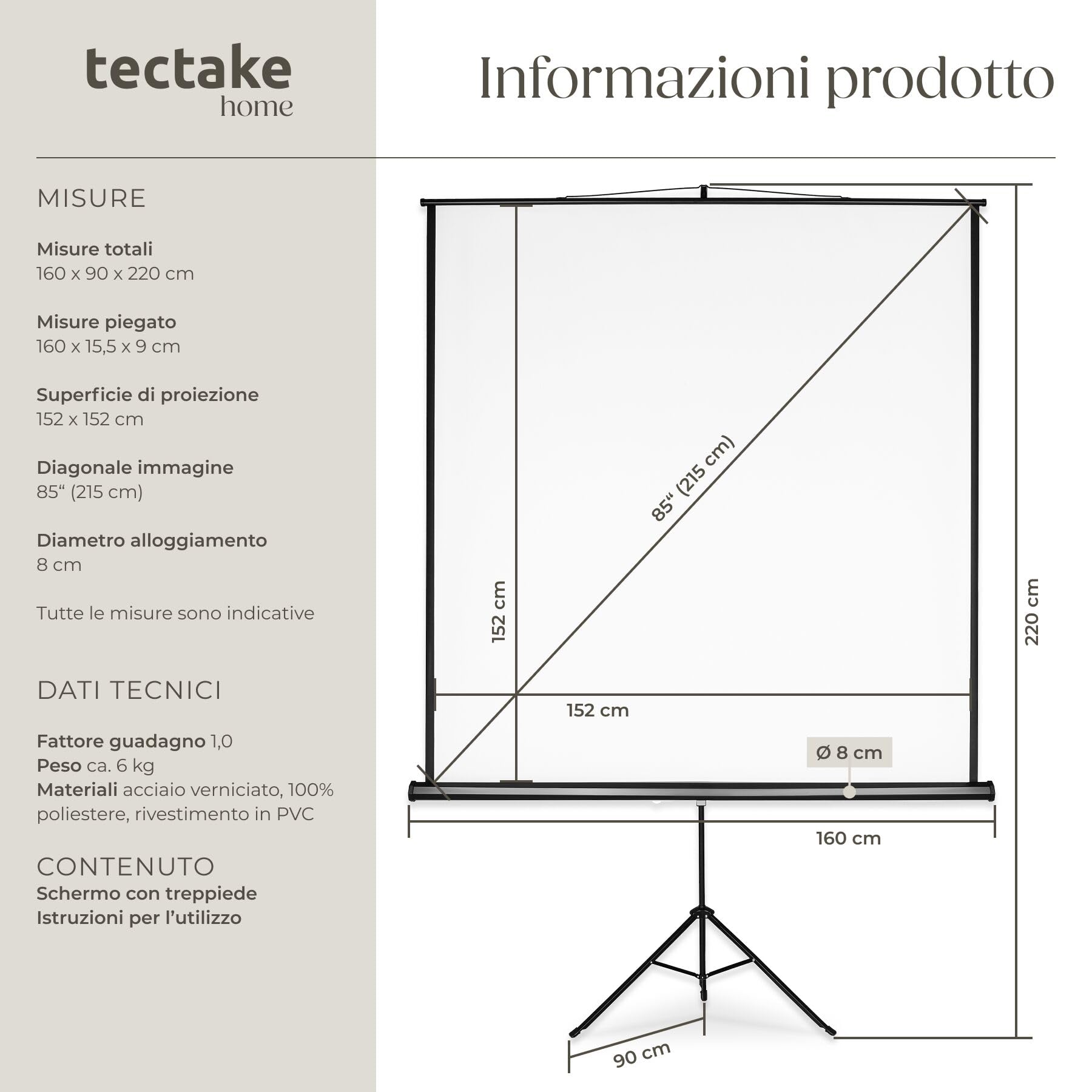 tectake® Schermo Proiettore 152x152 cm con Treppiede per Proiettore, Diagonale 84", Avvolgibile, Gain Factor1.0, Formati 1:1, 4:3, 16:9, Telo Proiettore Cinema a Casa, Ufficio, Ottimizzato HDTV e 3D