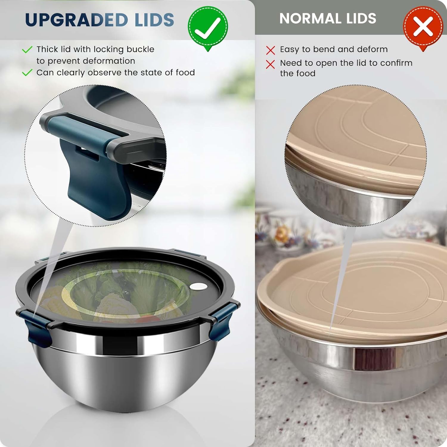 Daily Treasures Mixing Bowls with Airtight Clear Lids Set of 3,Thicker Stainless Steel Mixing Bowl Set,Nesting Bowls for Cooking, Prepping, Baking, Serving & Food Storage, Size 5, 3, 1.5QT