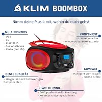 KLIM Boombox Hordozható CD Lejátszó - FM Rádió, Bluetooth, MP3, USB, AUX - Újratölthető Akkumulátor, RGB Világítás, Kompakt Kivitel (Piros) 2