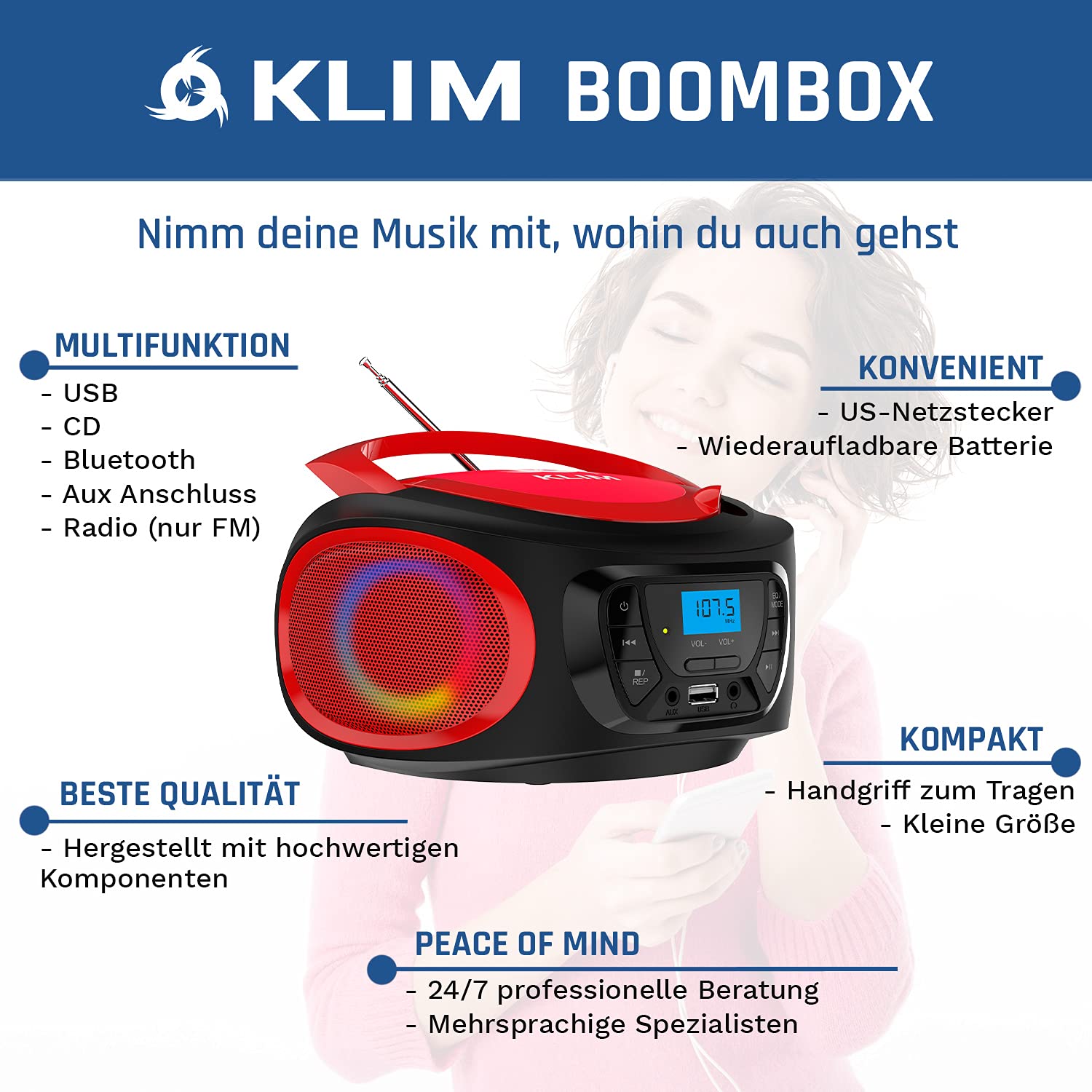 KLIM Boombox Radio mit CD Player - NEU - FM-Radio, CD Player, Bluetooth, MP3, USB, AUX - Inklusive wiederaufladbaren Akkus - Kabelgebundene und kabellose Modi - Kompakt und robust (Rot)